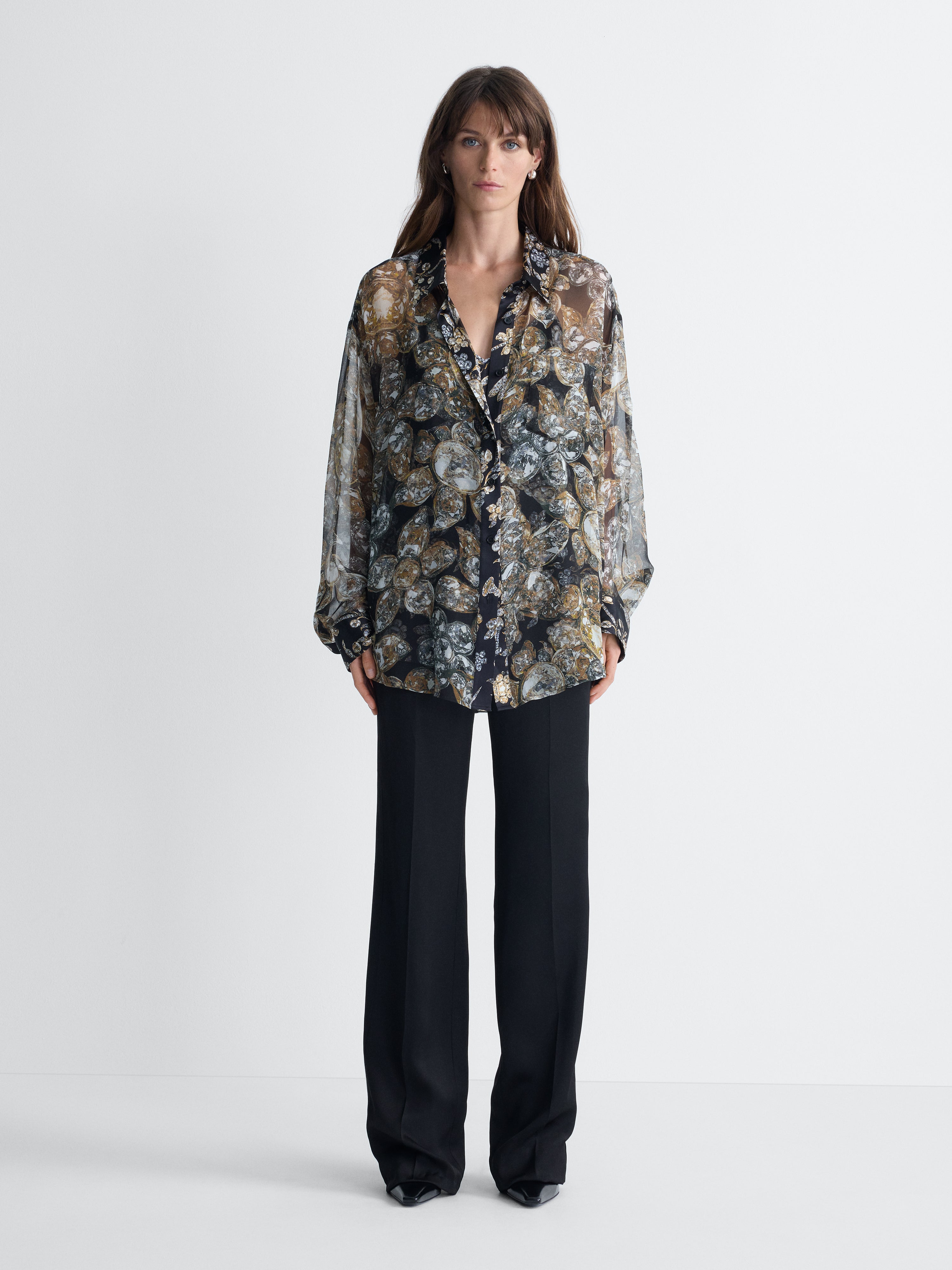 Mercer Chiffon Shirt in Crystal Fleur and Black Crystal, full length front view