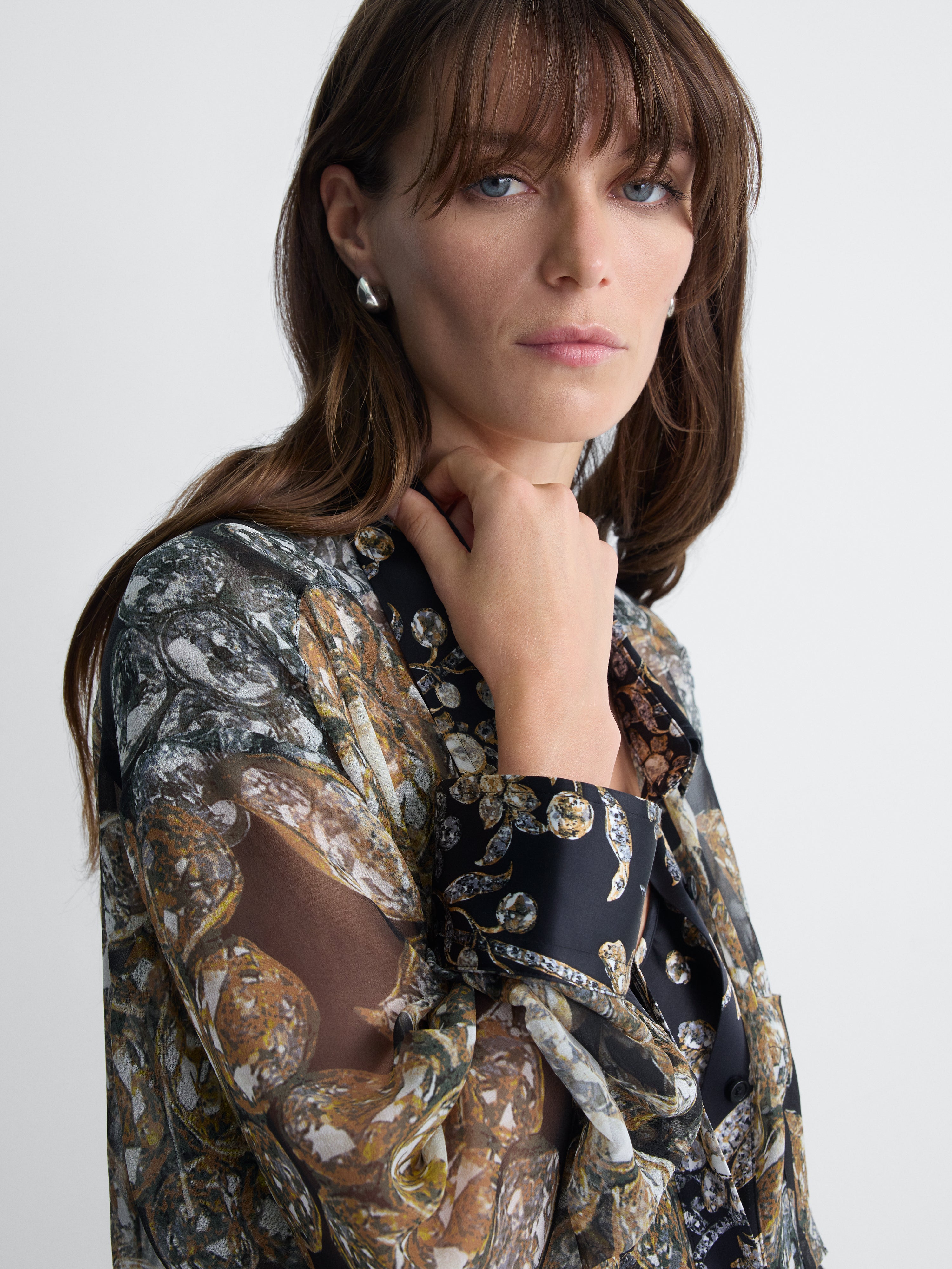 Mercer Chiffon Shirt in Crystal Fleur and Black Crystal, close-up