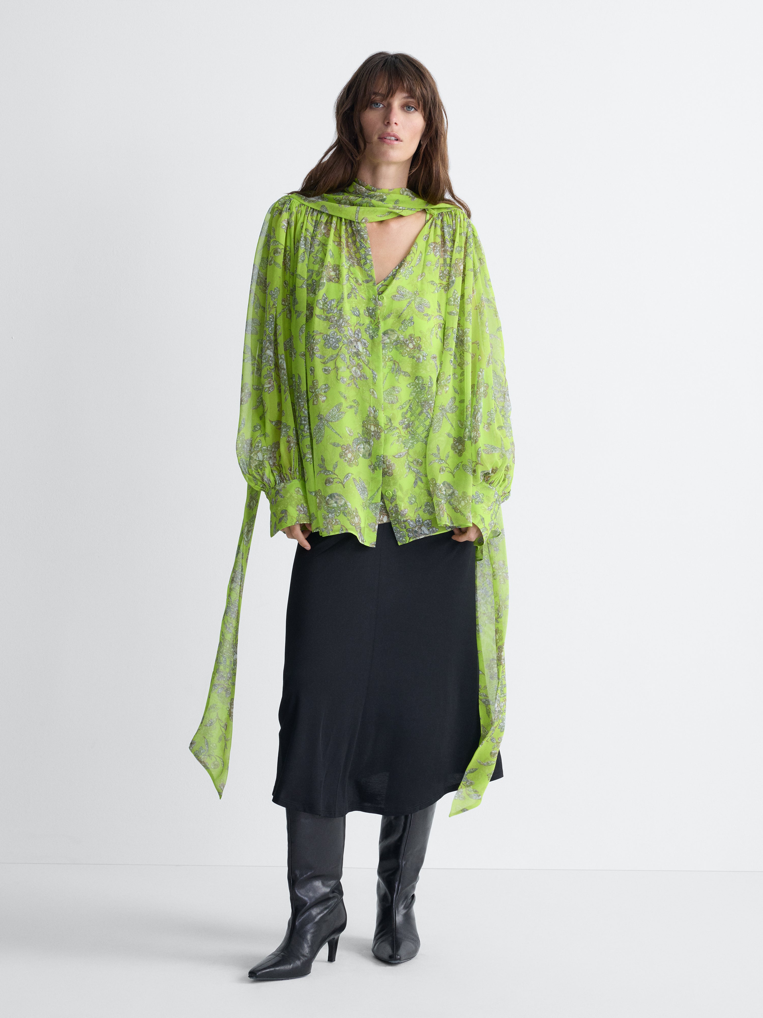 Angelina Chiffon Blouse in Celandine Crystal, full length front view