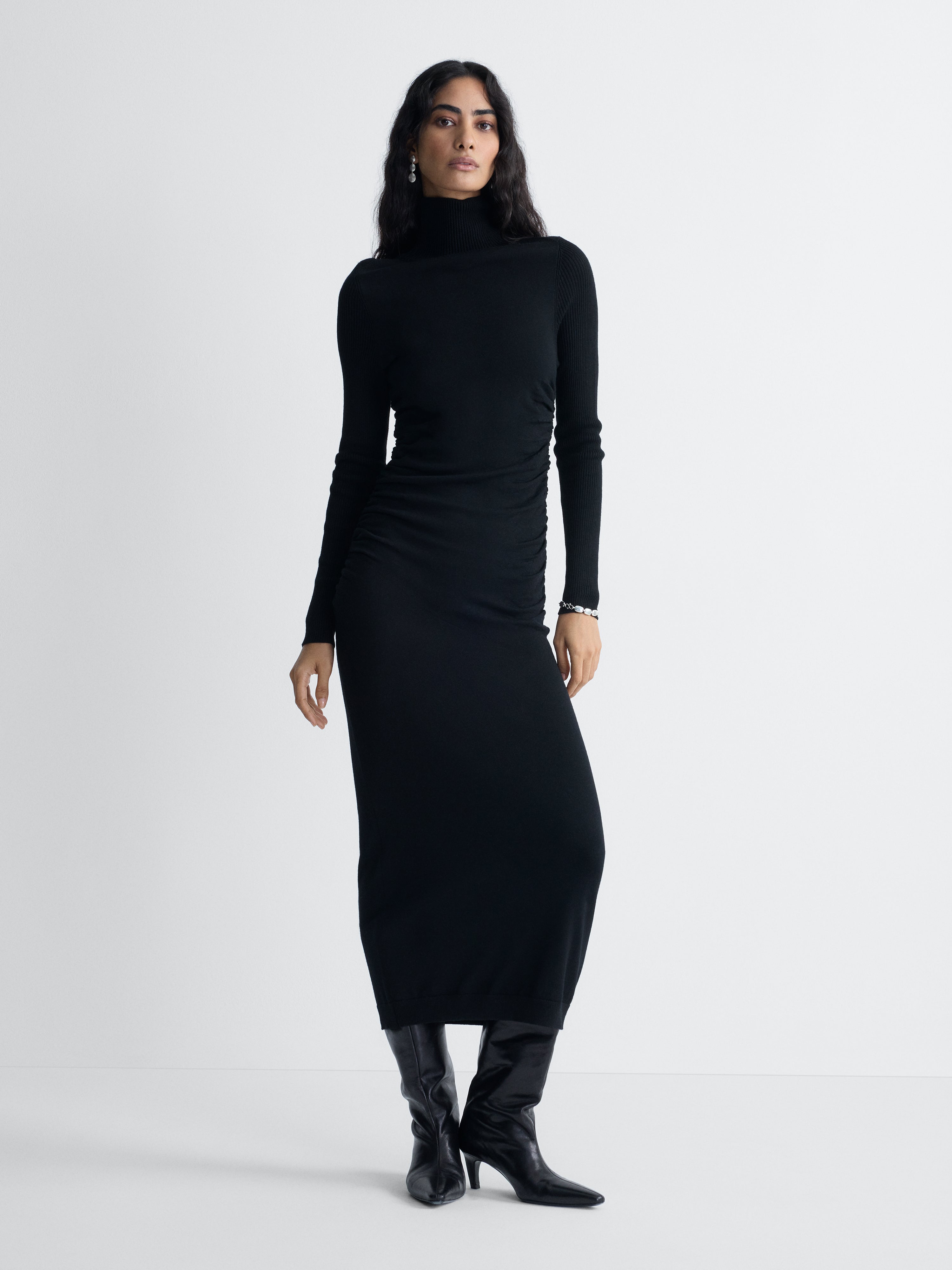 Donna Wool Sweater Dress in Black, full length front view