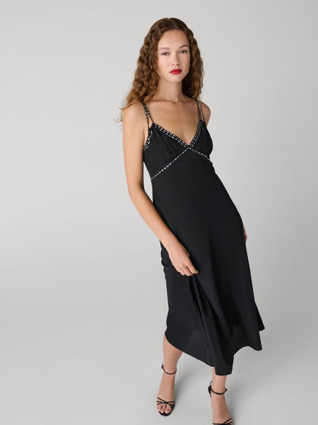 Diane Von Furstenberg Iris Glass-embellished Empire Silk Midi Dress, Black, Women's, L, Cocktail & Party Wedding Guest Dresses Satin & Silk Dresses