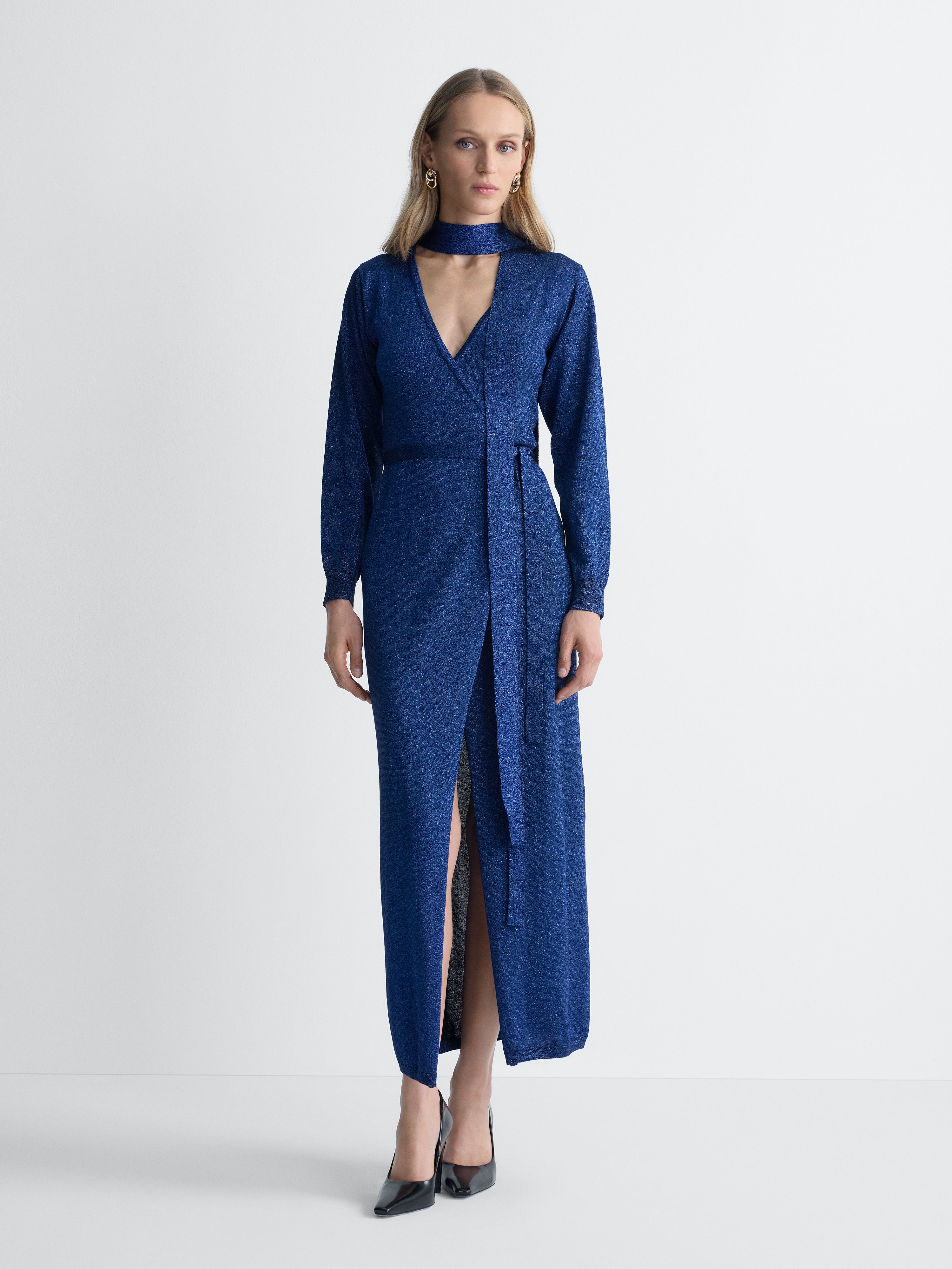Asterin Wrap Dress in Cobalt, full length front view