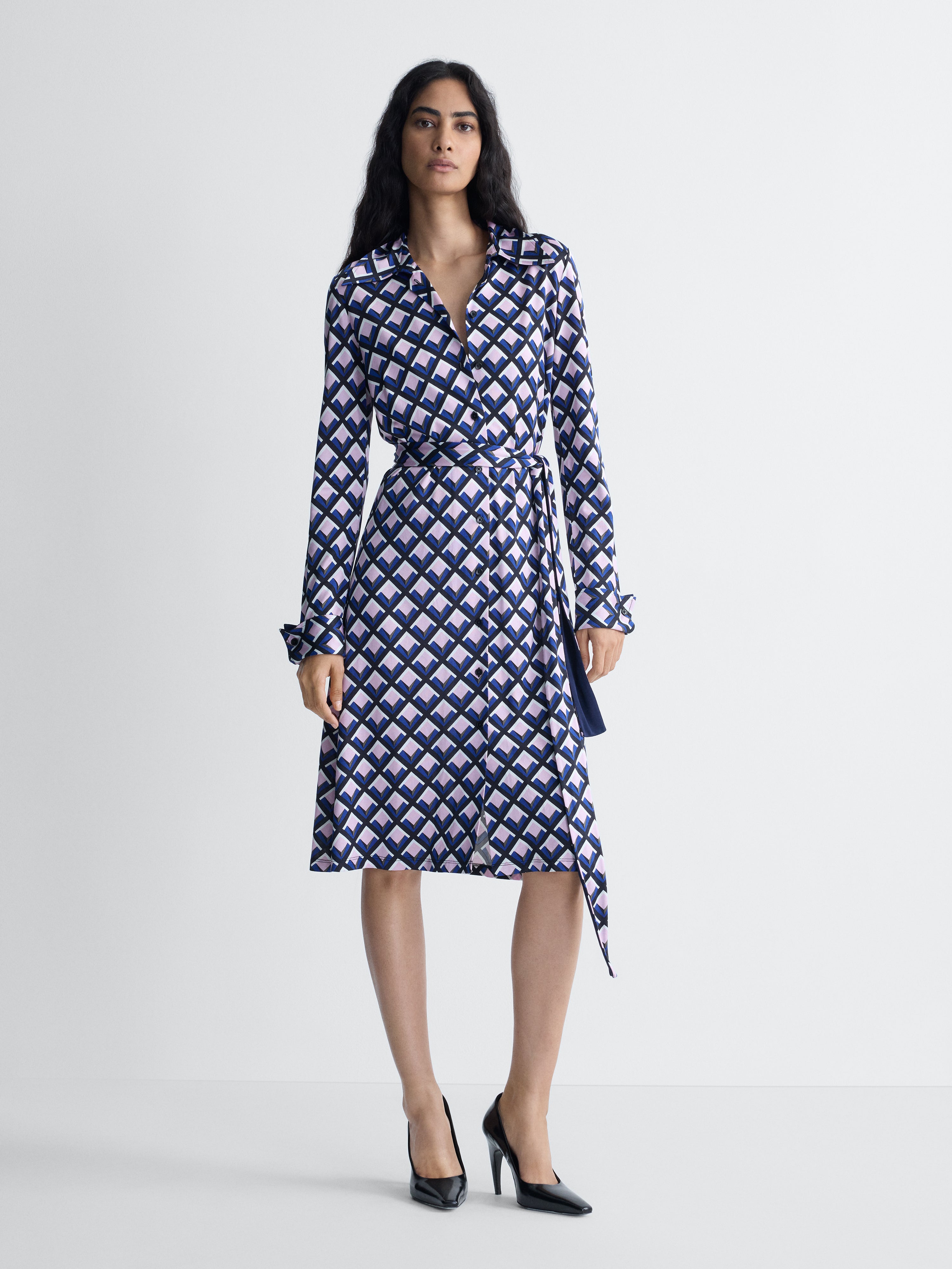 Diane Jersey Shirt Dress in Window Pane, full length front view