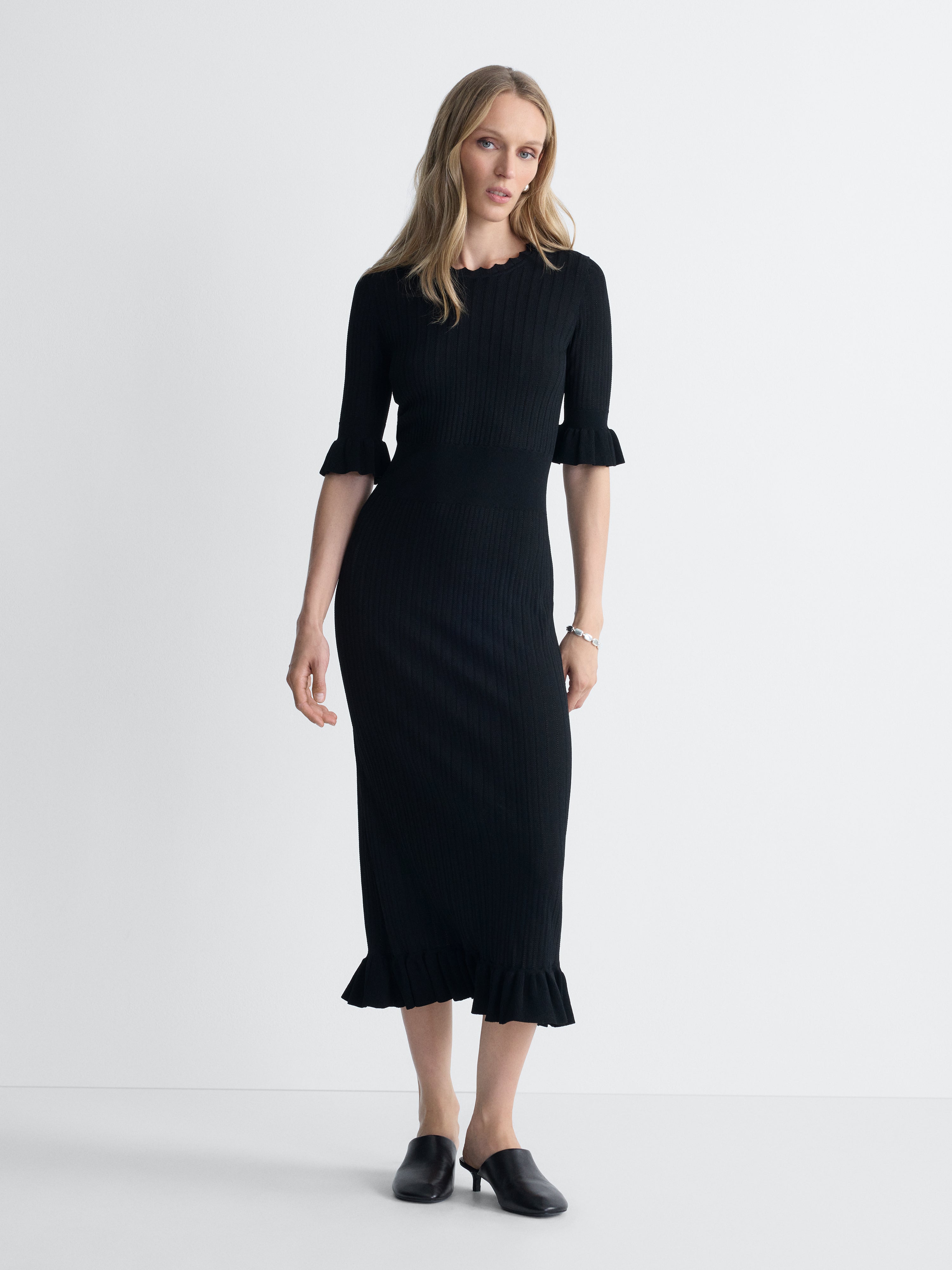 Portia Knit Dress in Black, full length front view
