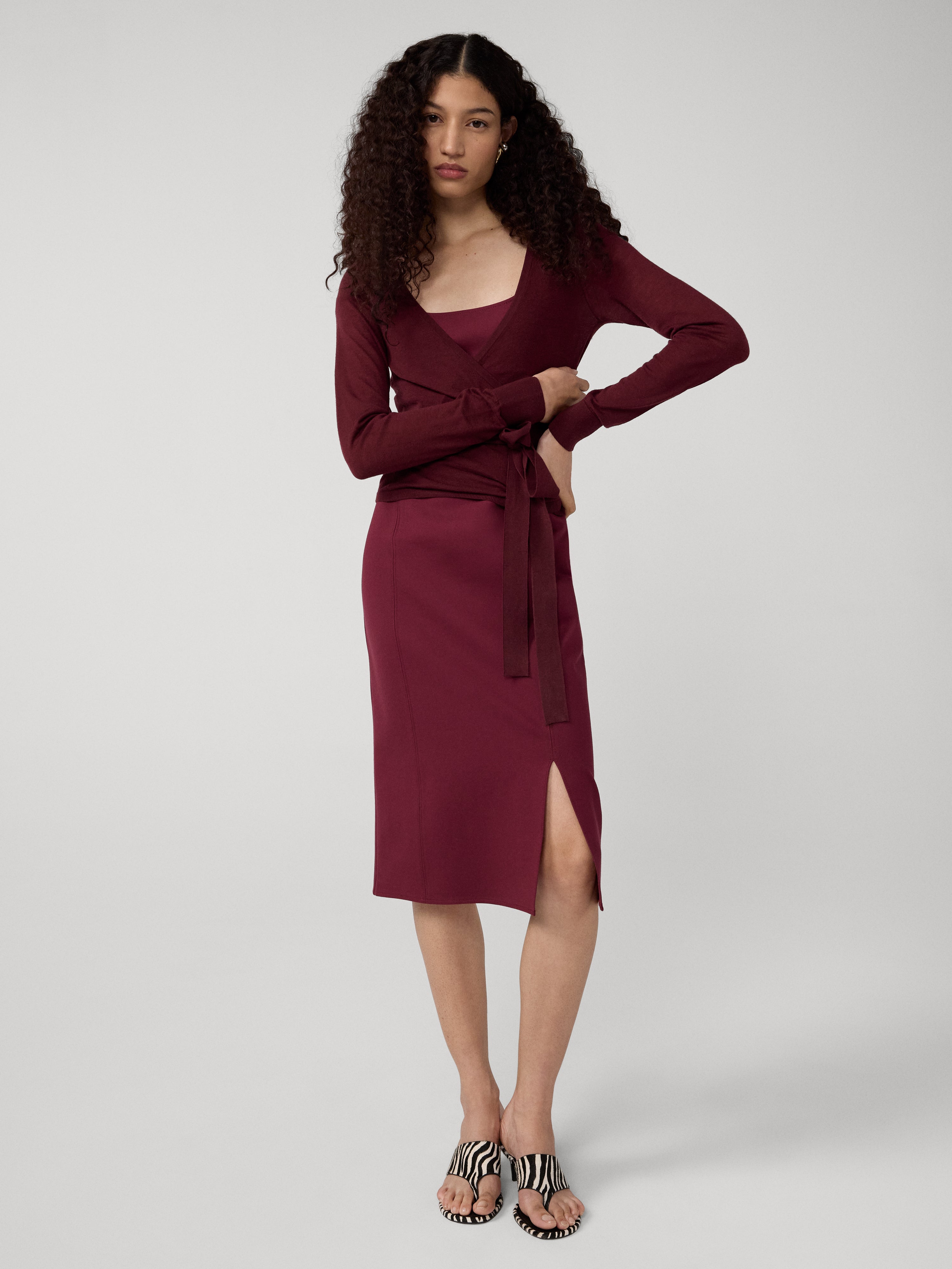 diane burgundy dress 483-4 DIANE satin long dress with a leg slit - Burgundy color