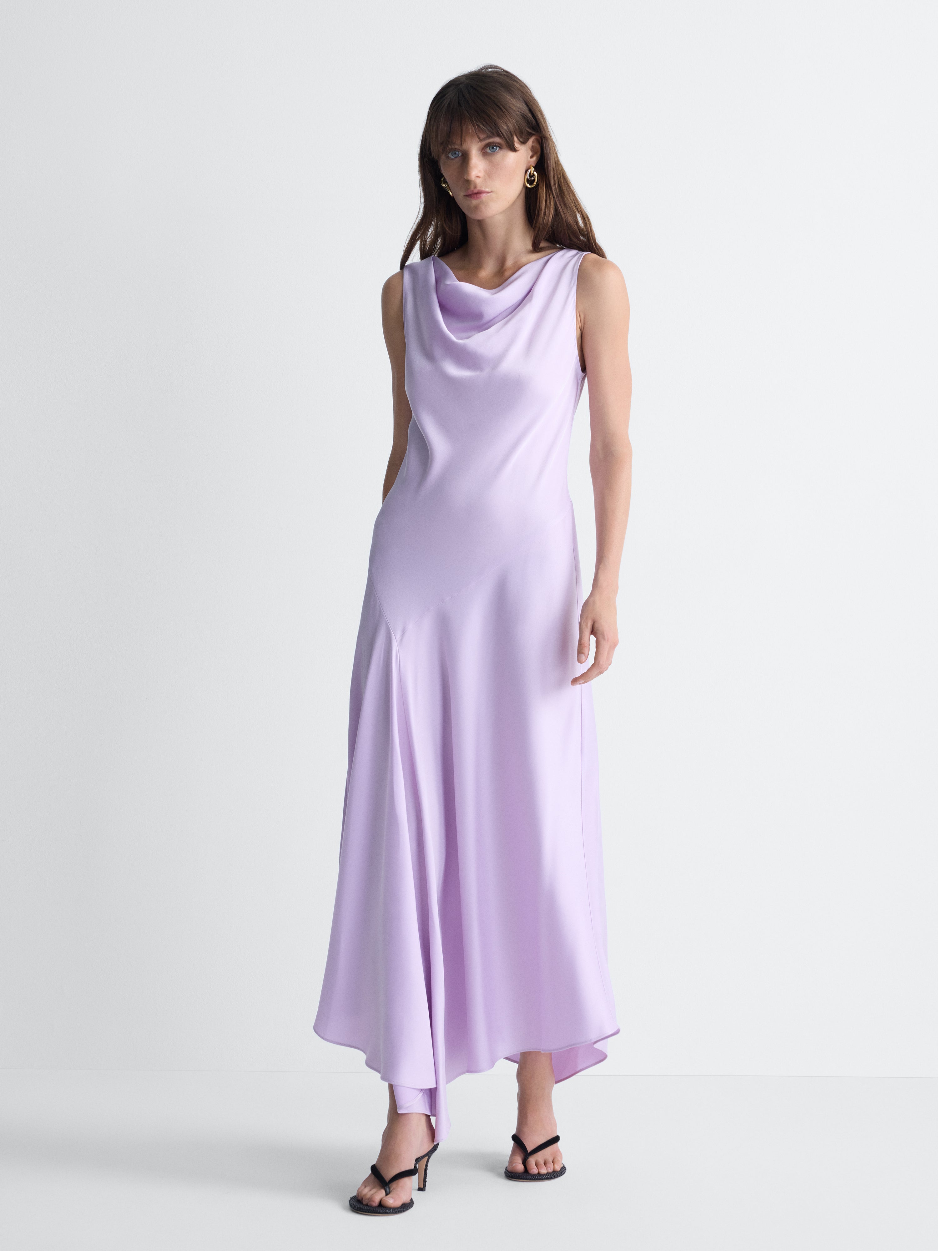Cosette Satin Dress in Lilac, full length front view