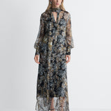 Domino Chiffon Dress in Crystal Fleur and Black Crystal, full length front view