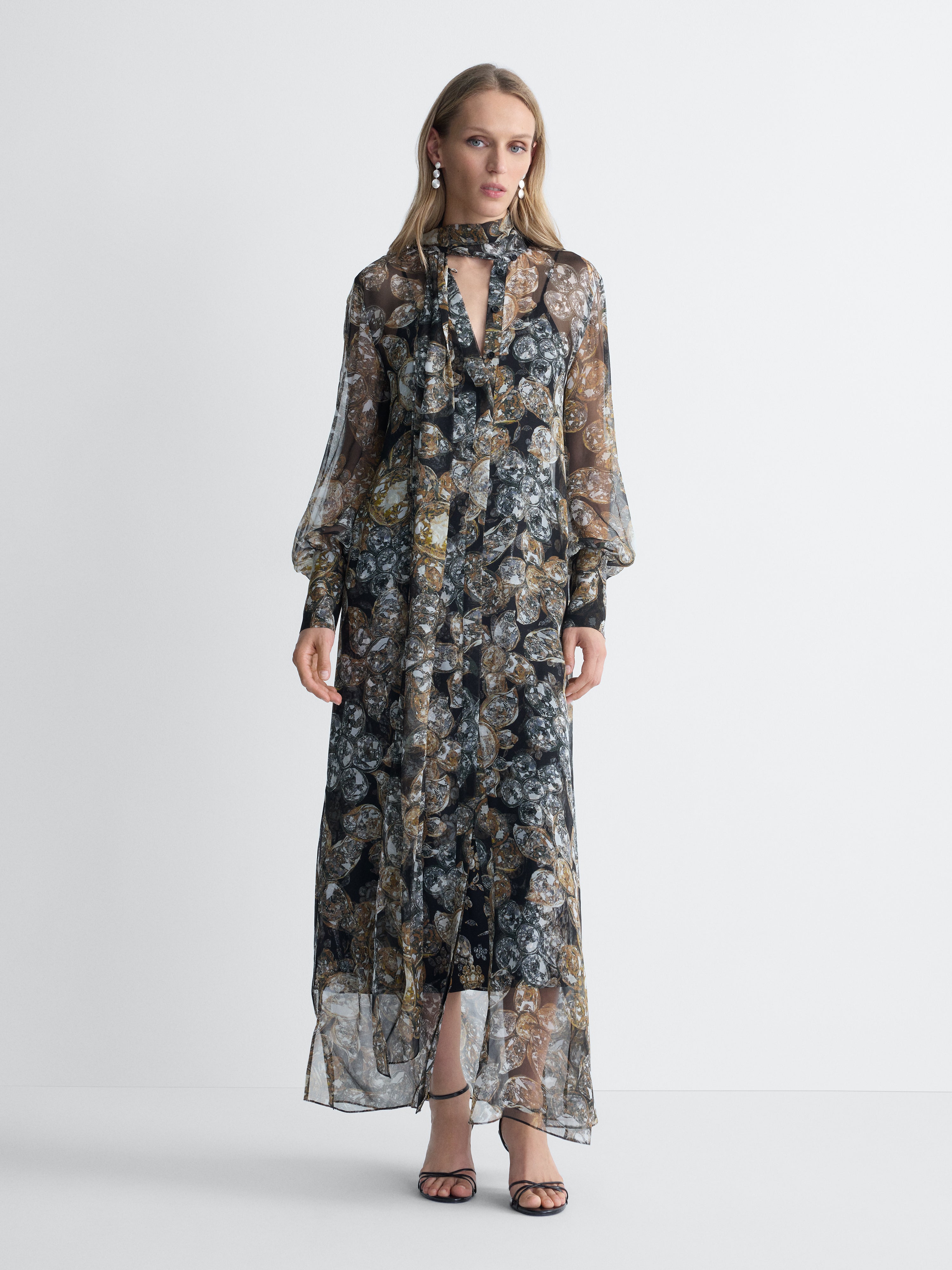 Domino Chiffon Dress in Crystal Fleur and Black Crystal, full length front view