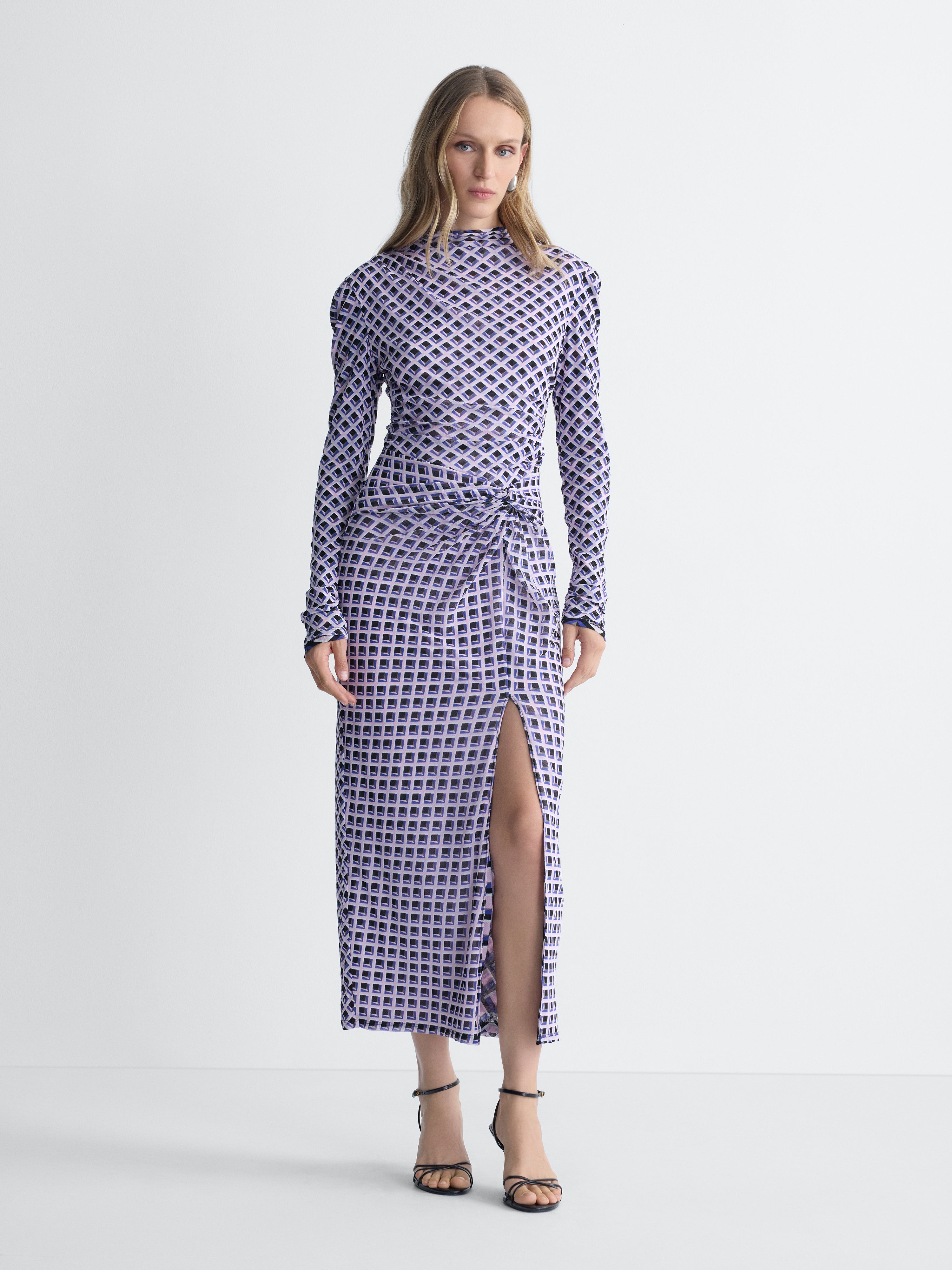 Amadis Reversible Mesh Dress in Window Pane, reverse side, full length front view