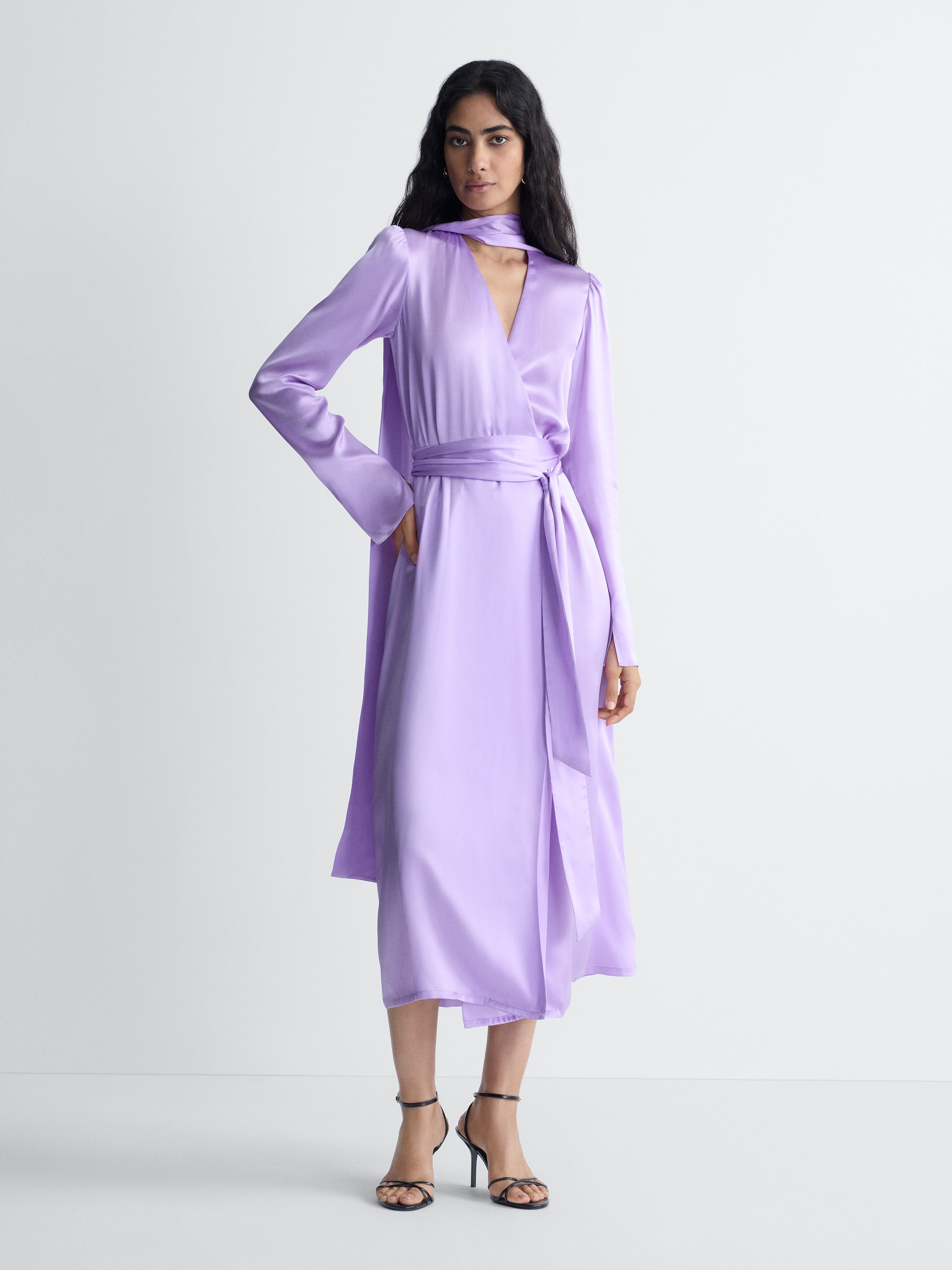 Ambra Satin Dress in Lilac, full length front view