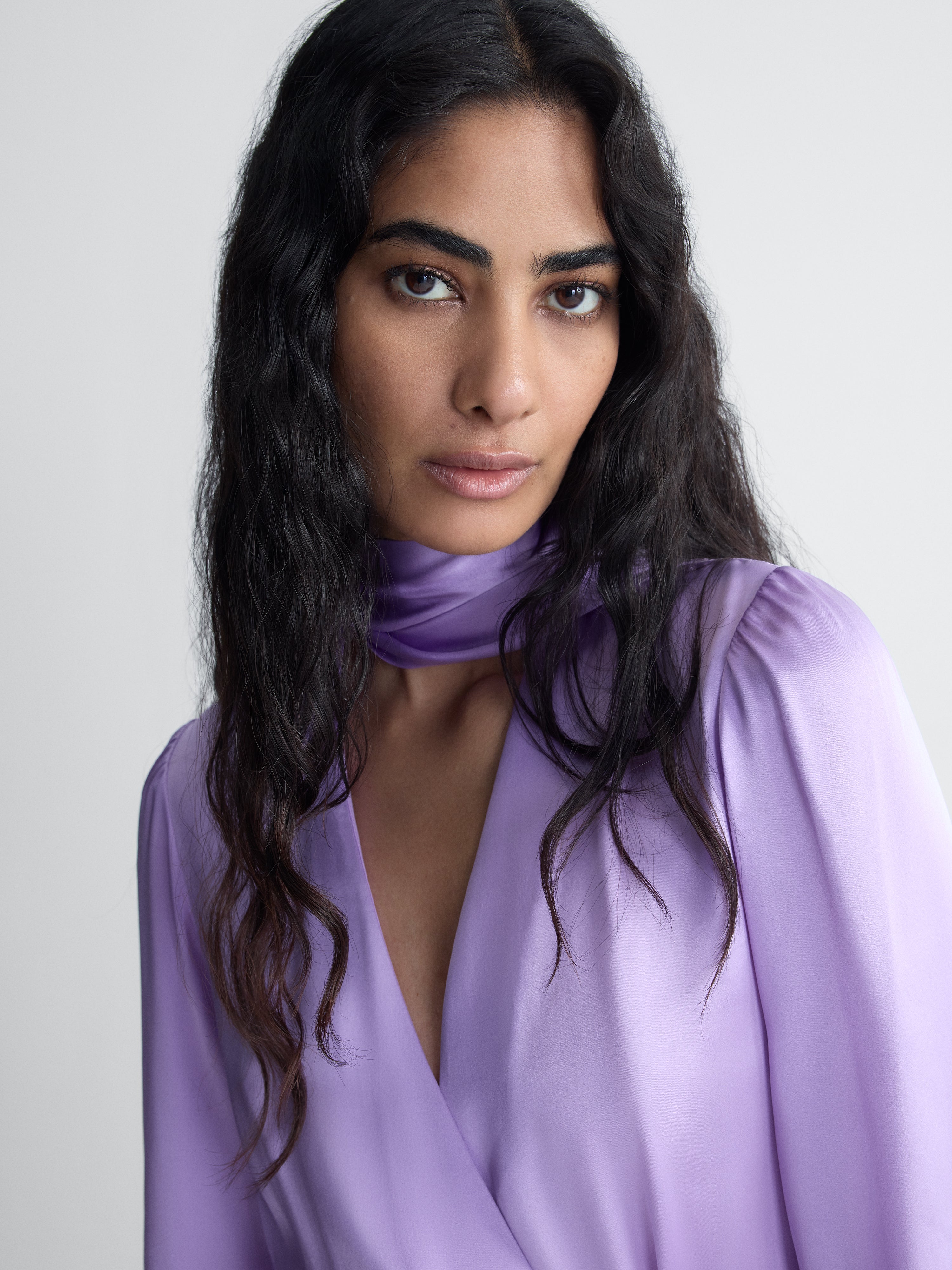 Ambra Satin Dress in Lilac, close-up