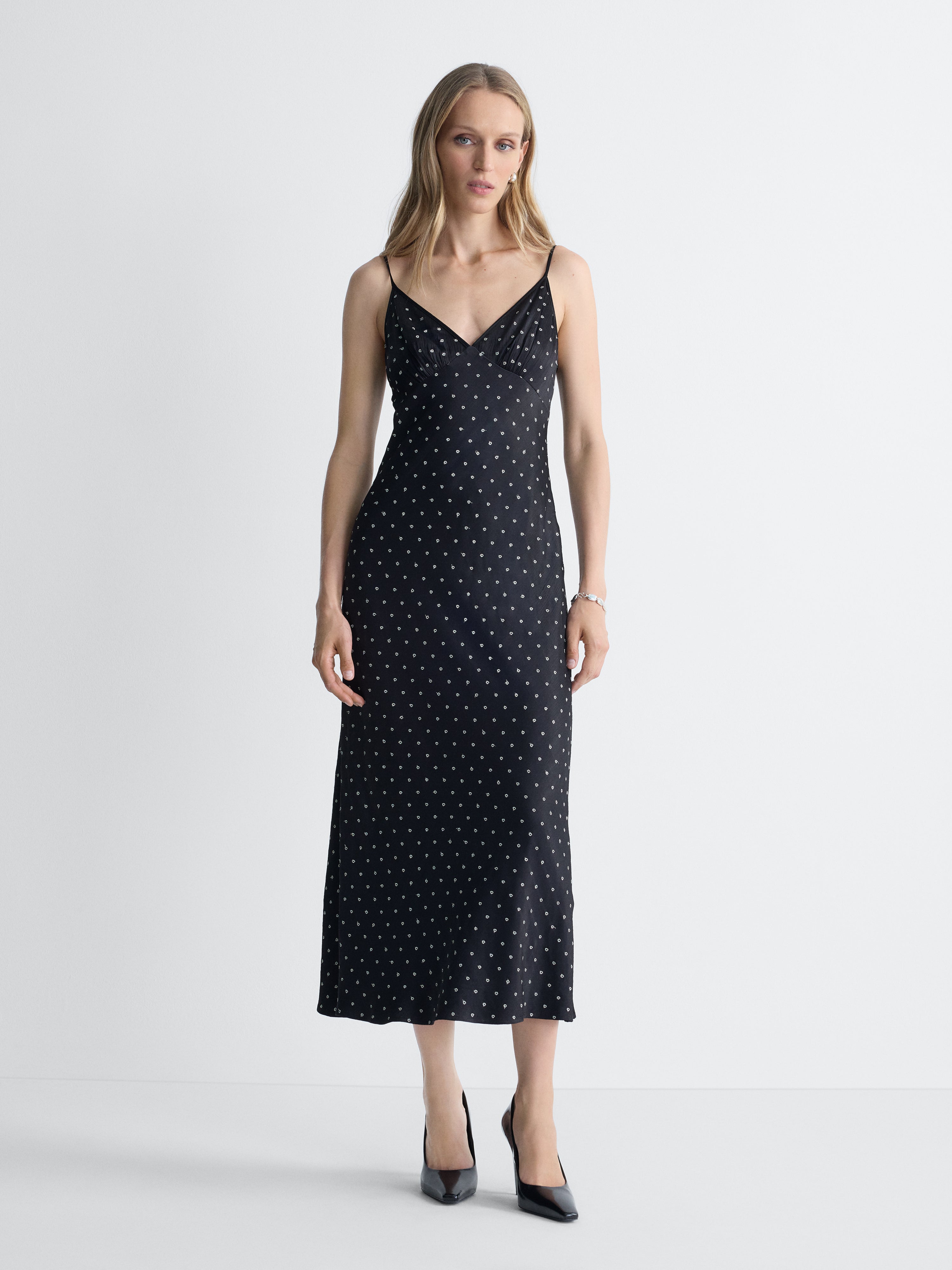 Silvana Embroidered Dress in Black, full length front view
