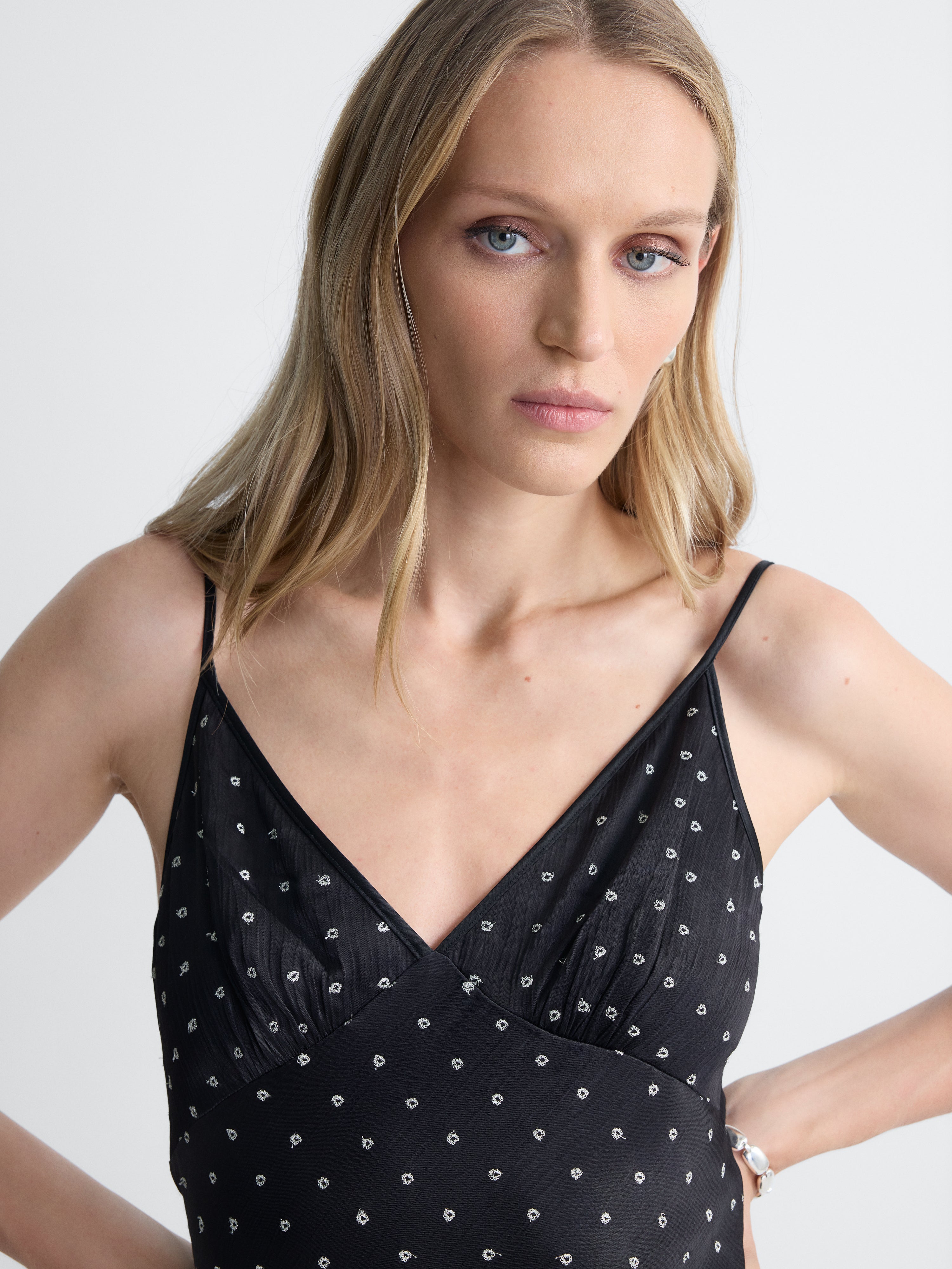 Silvana Embroidered Dress in Black, close-up