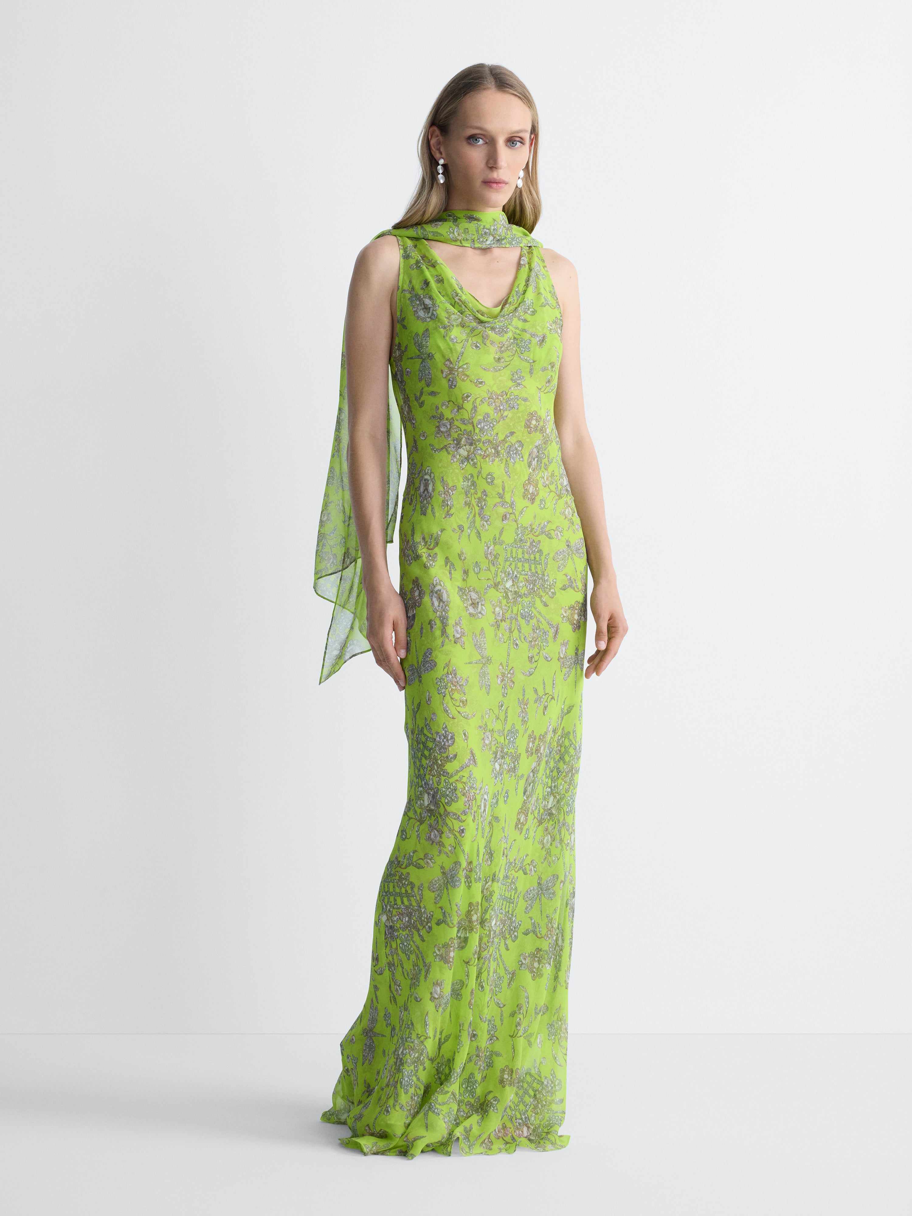 Seren Chiffon Dress in Celandine Crystal, full length front view