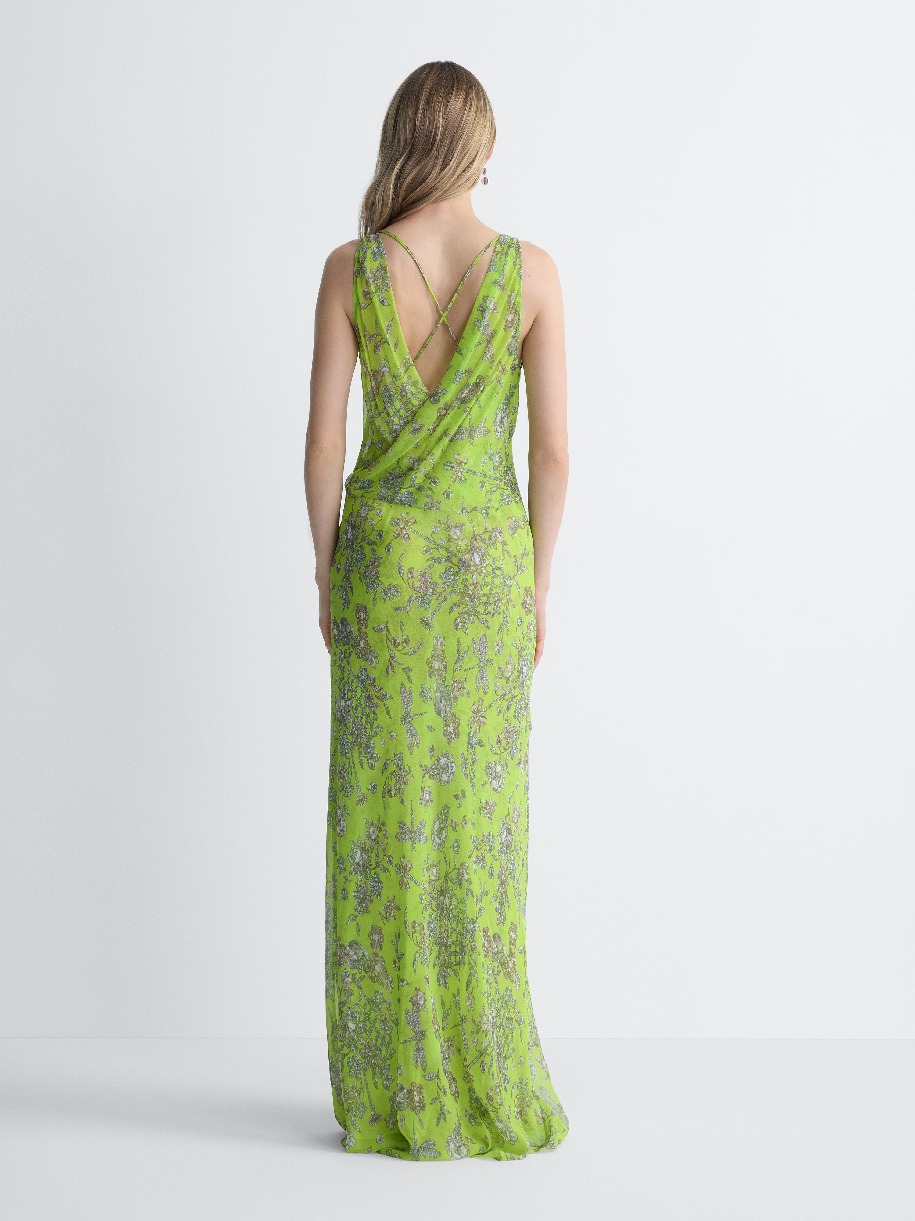 Seren Chiffon Dress in Celandine Crystal, back view