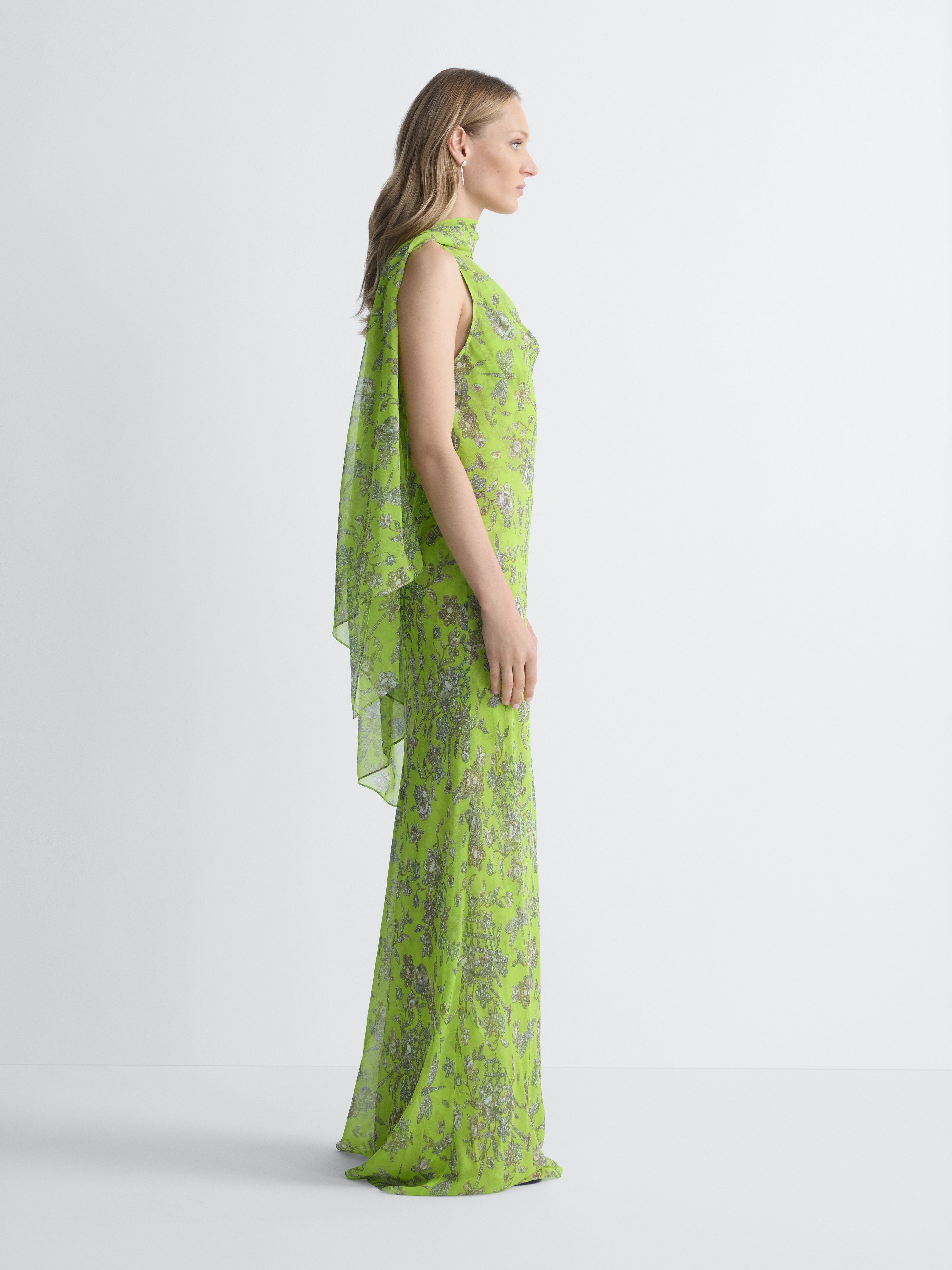 Seren Chiffon Dress in Celandine Crystal, side view