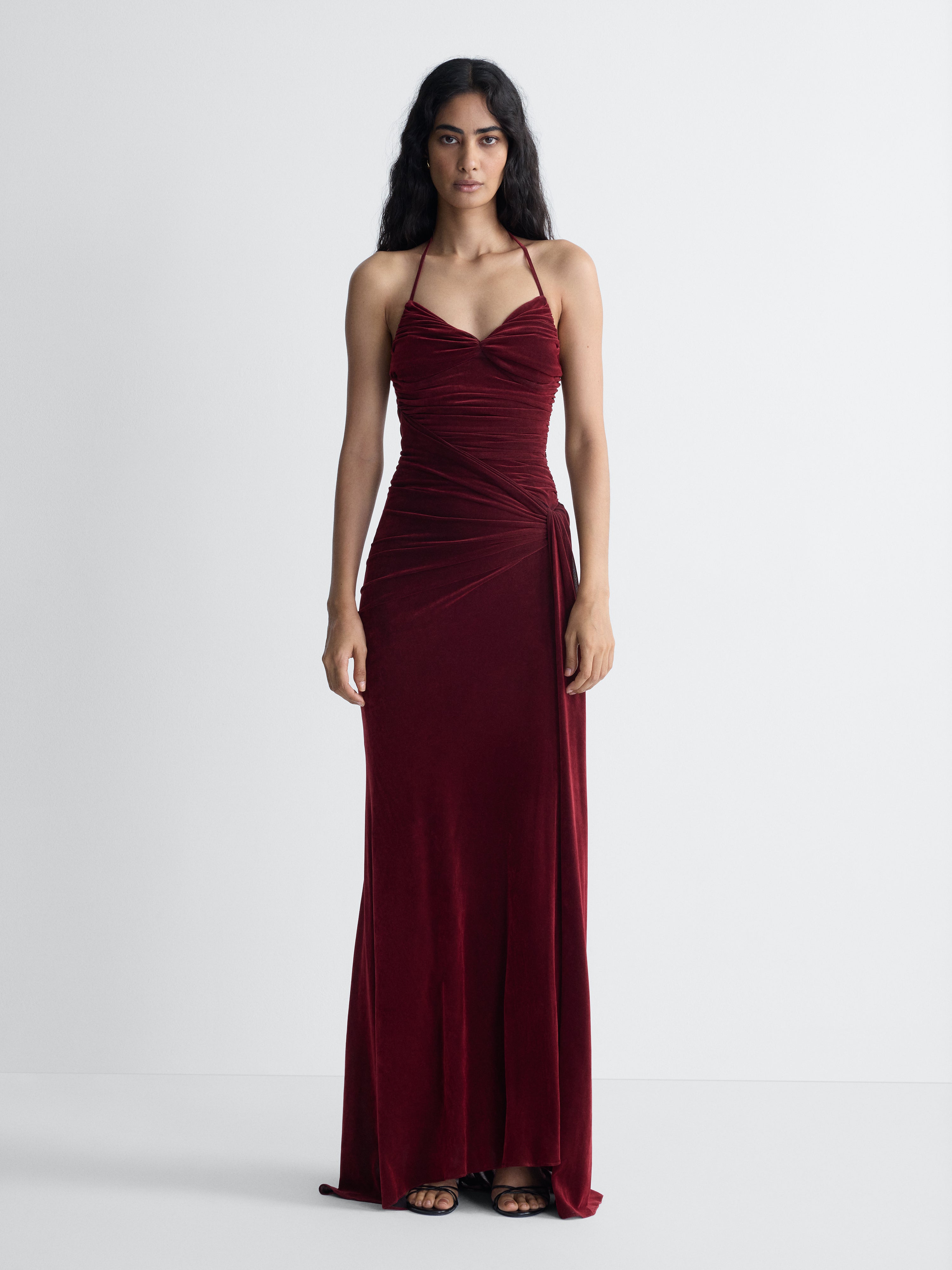 Saffra Velvet Gown in Brick, full length front view