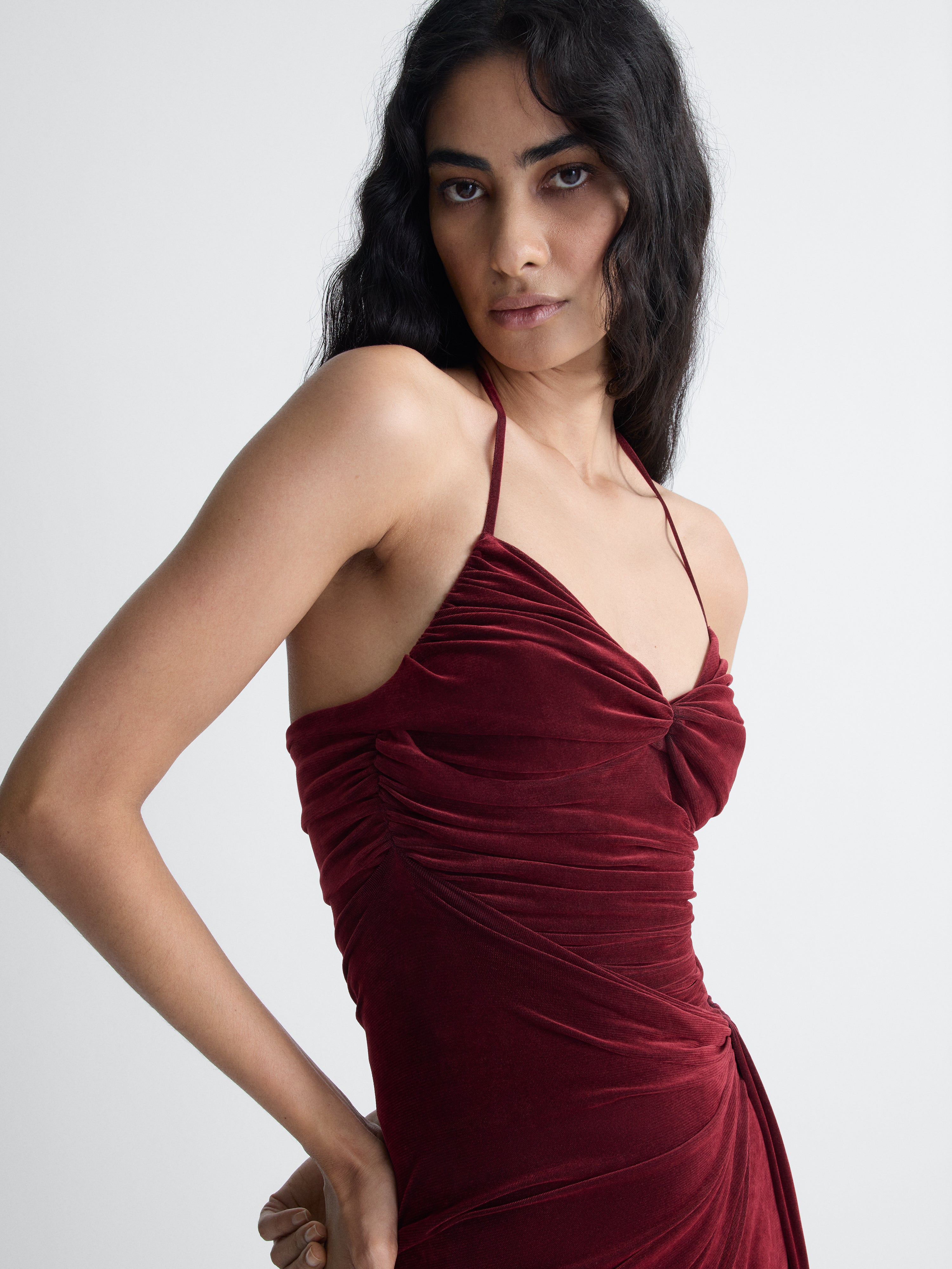 Saffra Velvet Gown in Brick, close-up