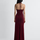 Saffra Velvet Gown in Brick, back view