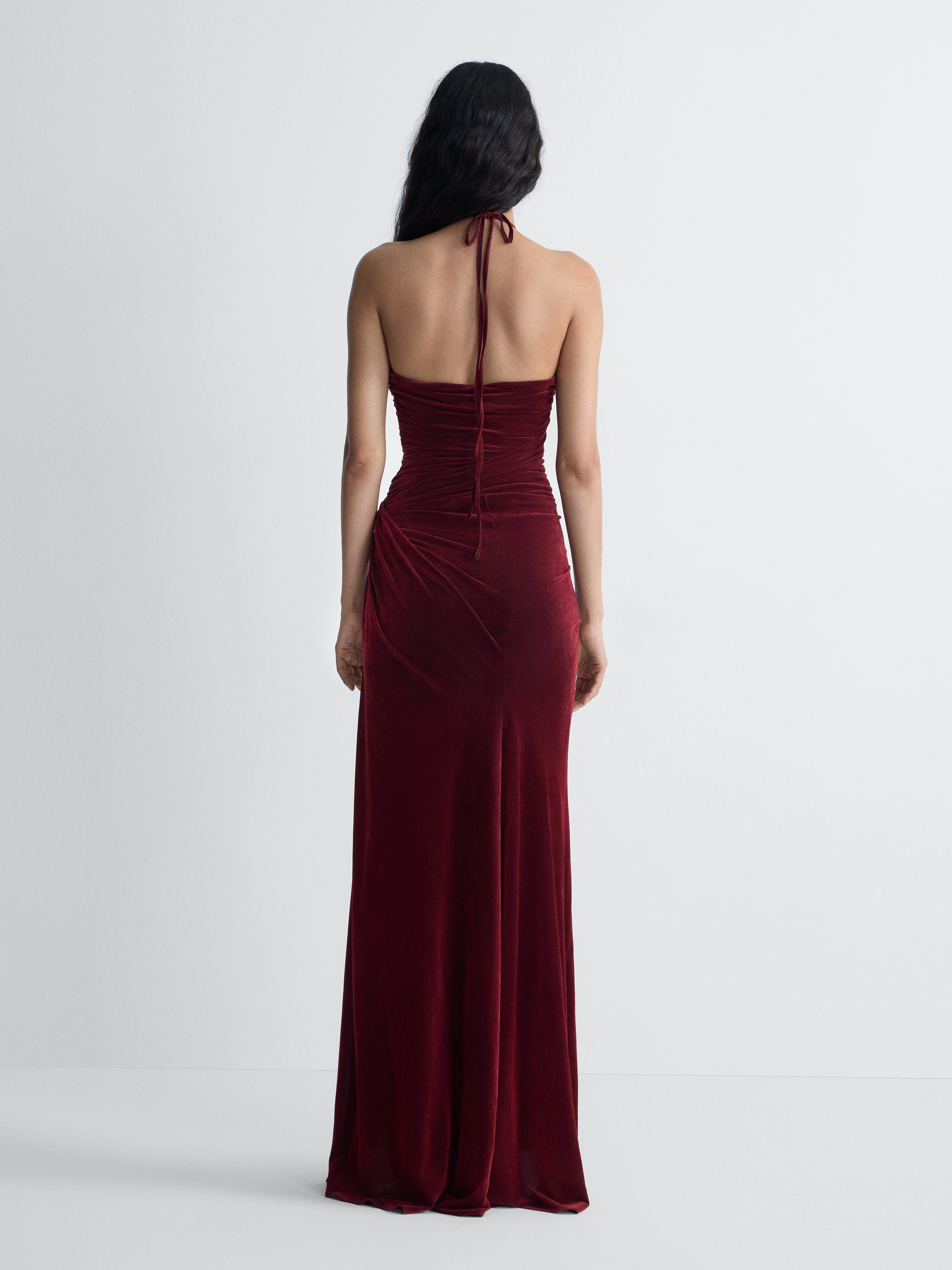 Saffra Velvet Gown in Brick, back view