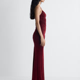 Saffra Velvet Gown in Brick, side view
