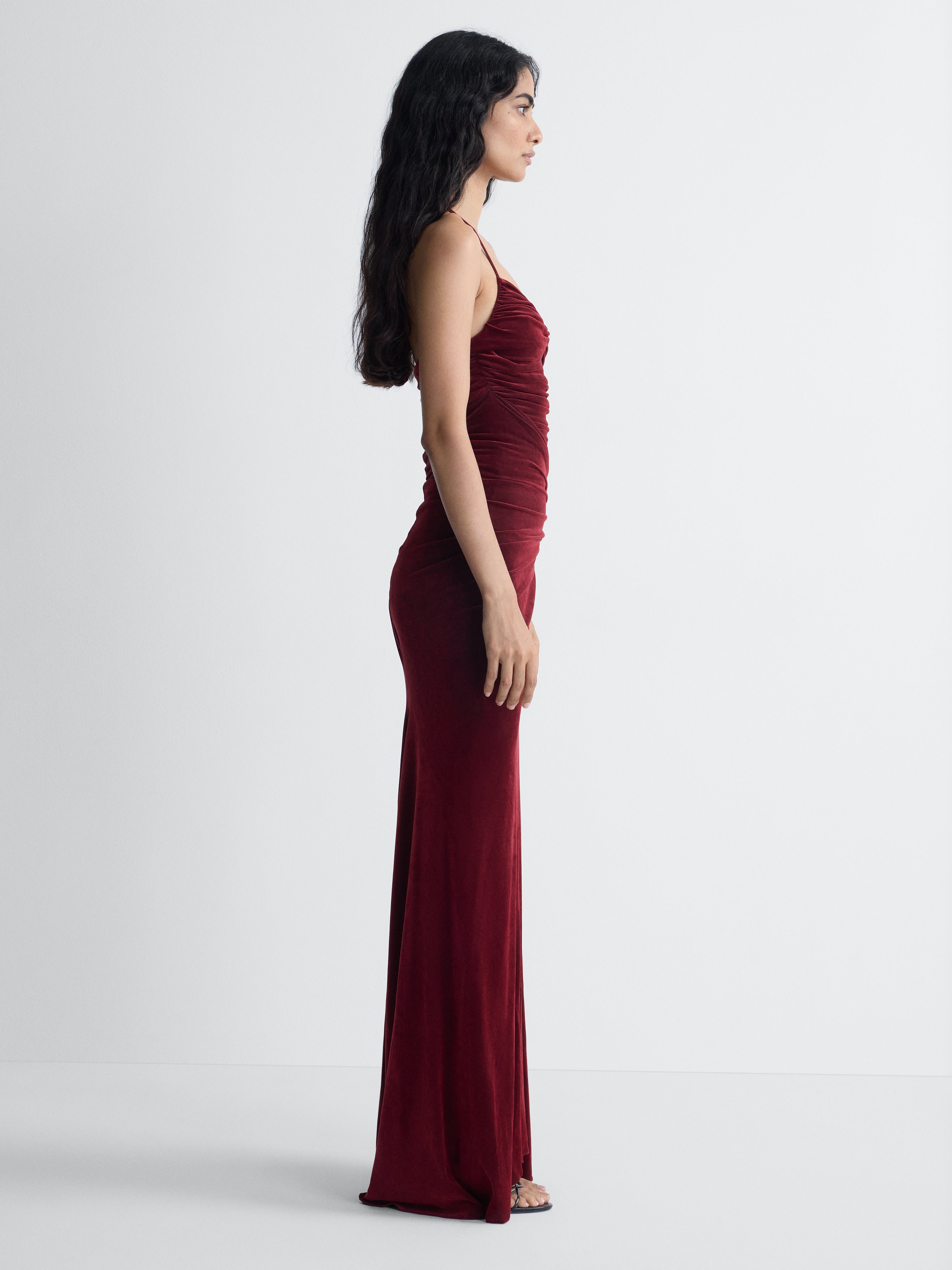 Saffra Velvet Gown in Brick, side view