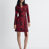Jeanne Silk Jersey Wrap Dress in Red Snow Cheetah, full length front view