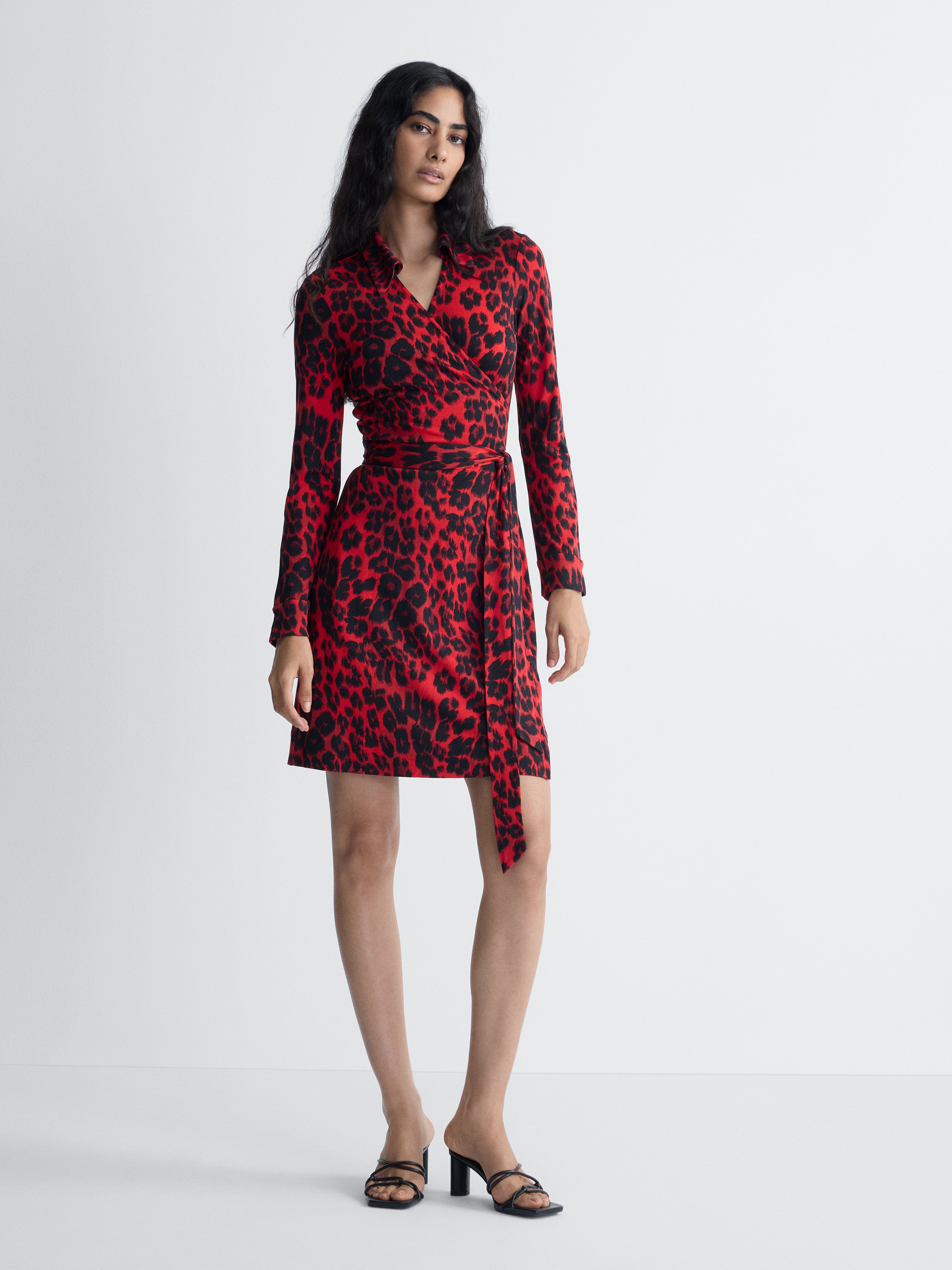 Jeanne Silk Jersey Wrap Dress in Red Snow Cheetah, full length front view