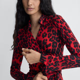 Jeanne Silk Jersey Wrap Dress in Red Snow Cheetah, close-up