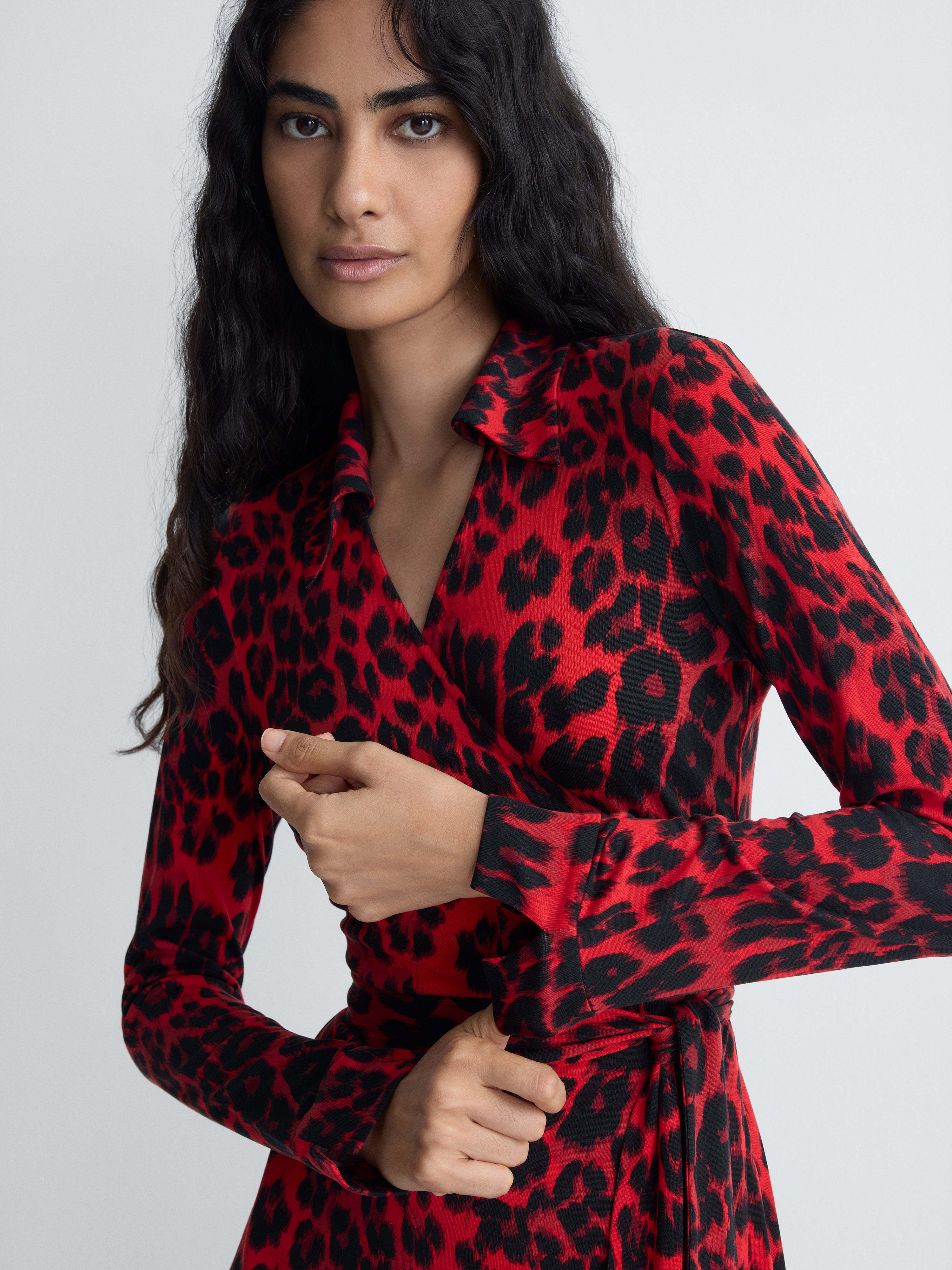 Jeanne Silk Jersey Wrap Dress in Red Snow Cheetah, close-up