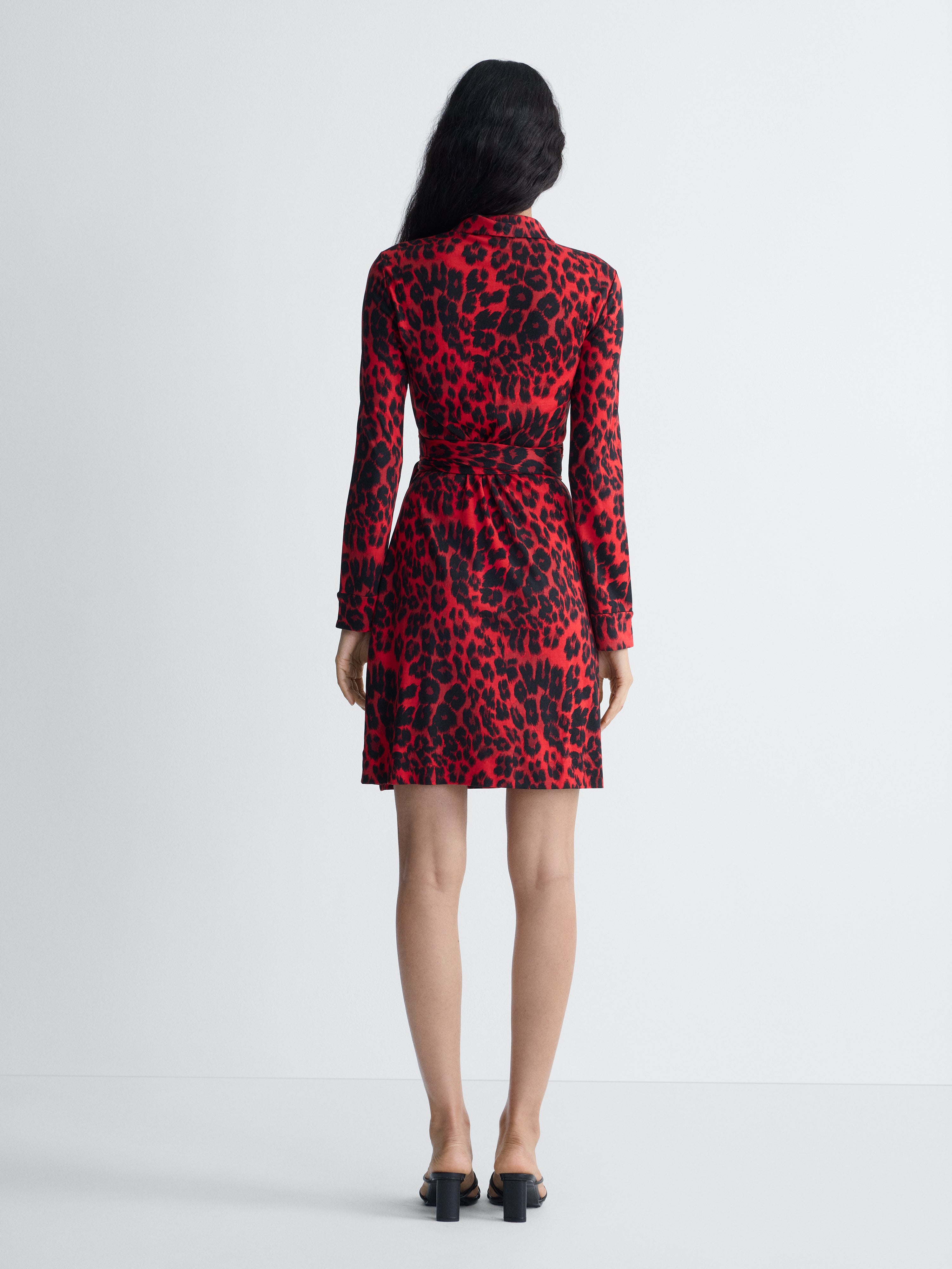 Jeanne Silk Jersey Wrap Dress in Red Snow Cheetah, back view