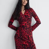 Jeanne Silk Jersey Wrap Dress in Red Snow Cheetah, alternate pose