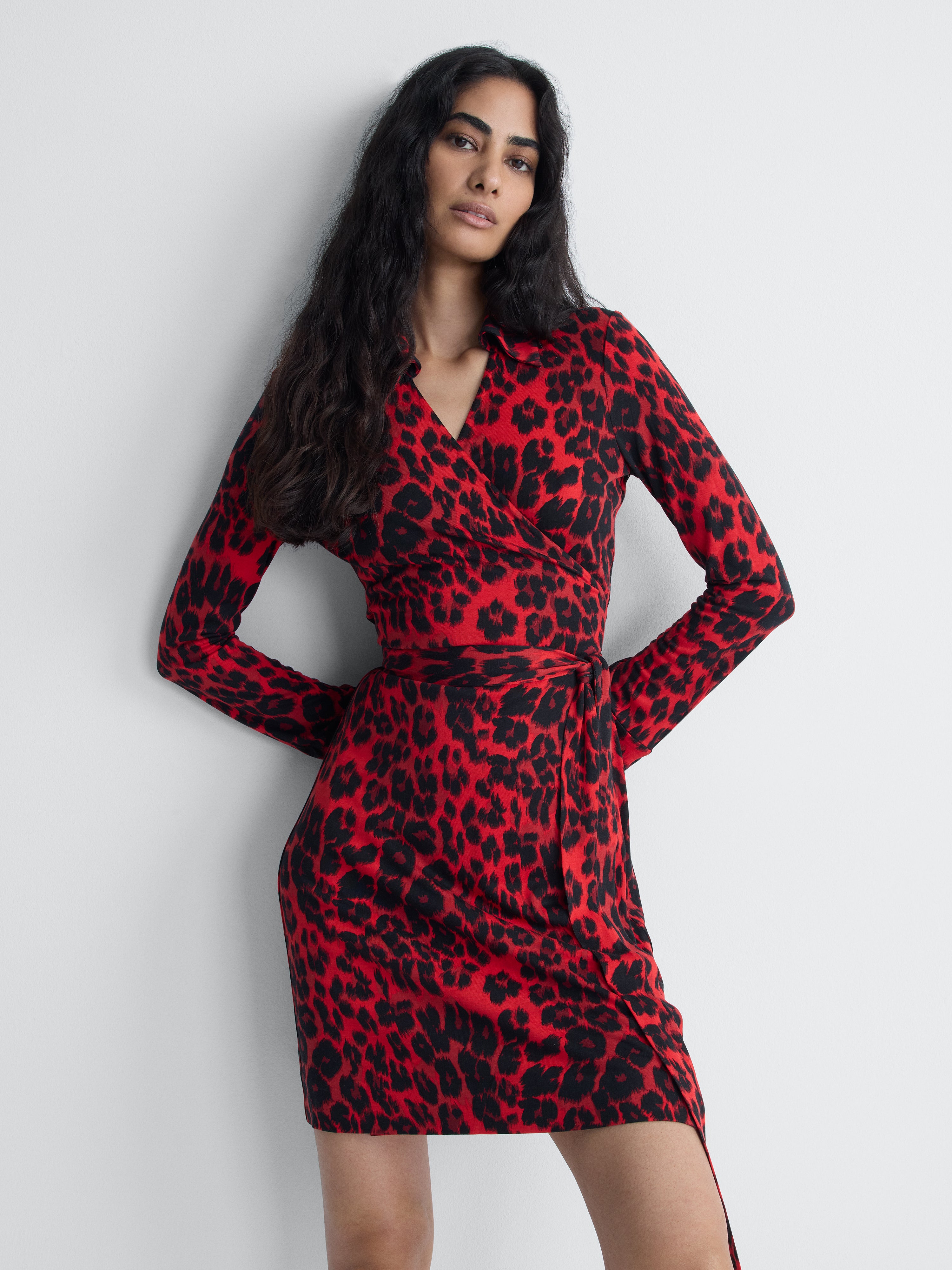 Jeanne Silk Jersey Wrap Dress in Red Snow Cheetah, alternate pose