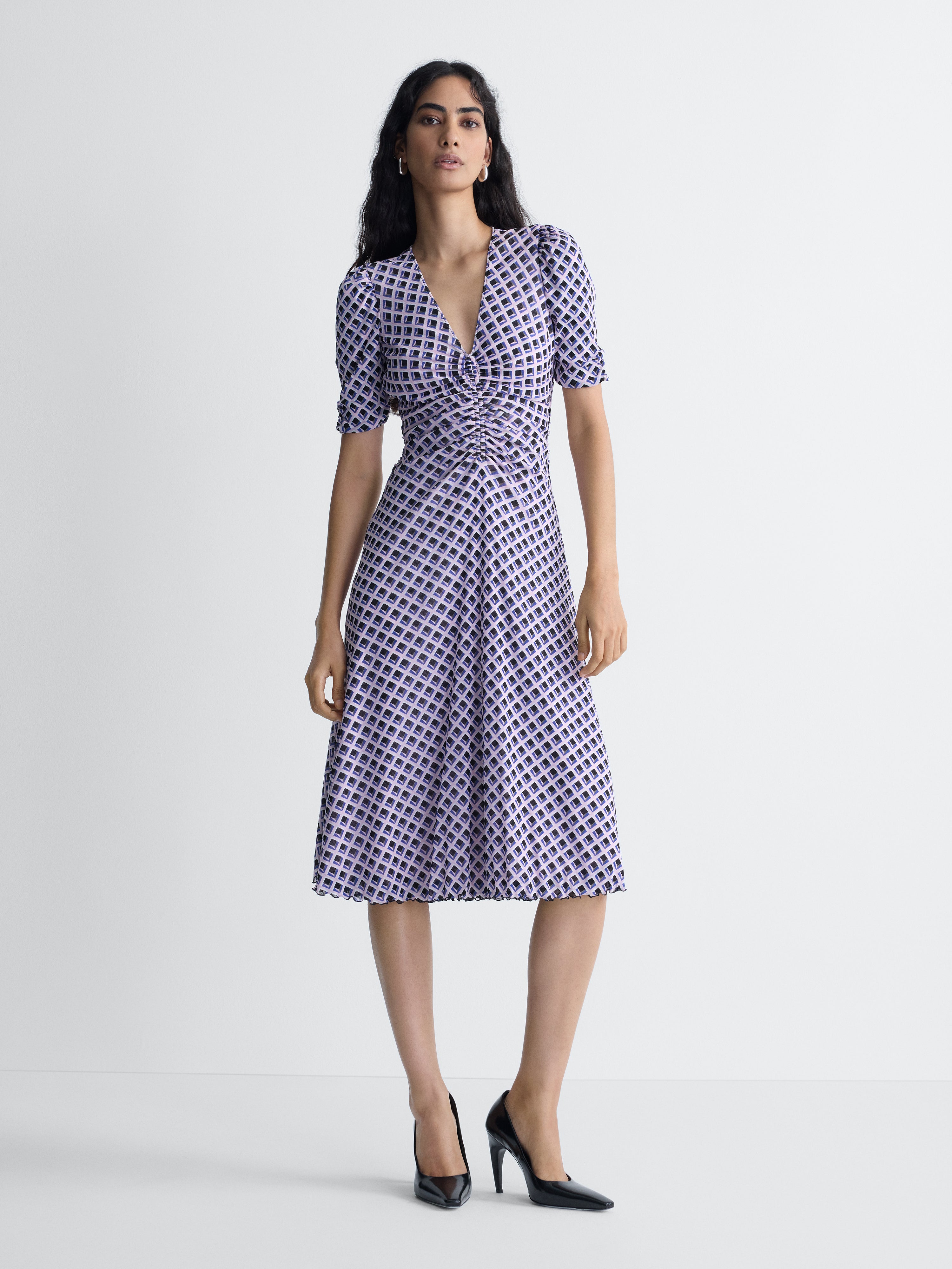 Koren Reversible Mesh Dress in Window Pane, full length front view