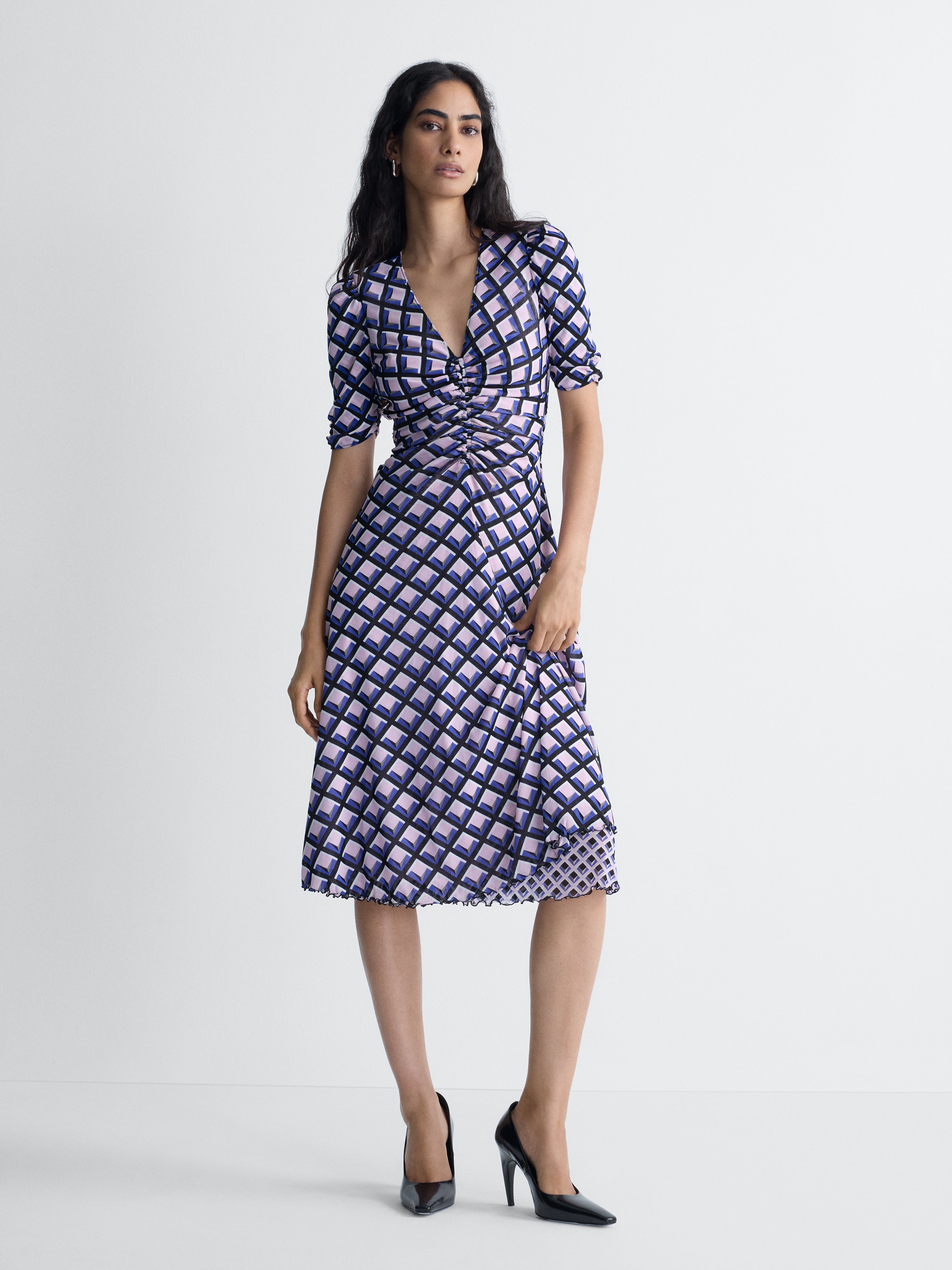 Koren Reversible Mesh Dress in Window Pane, reverse side, full length front view