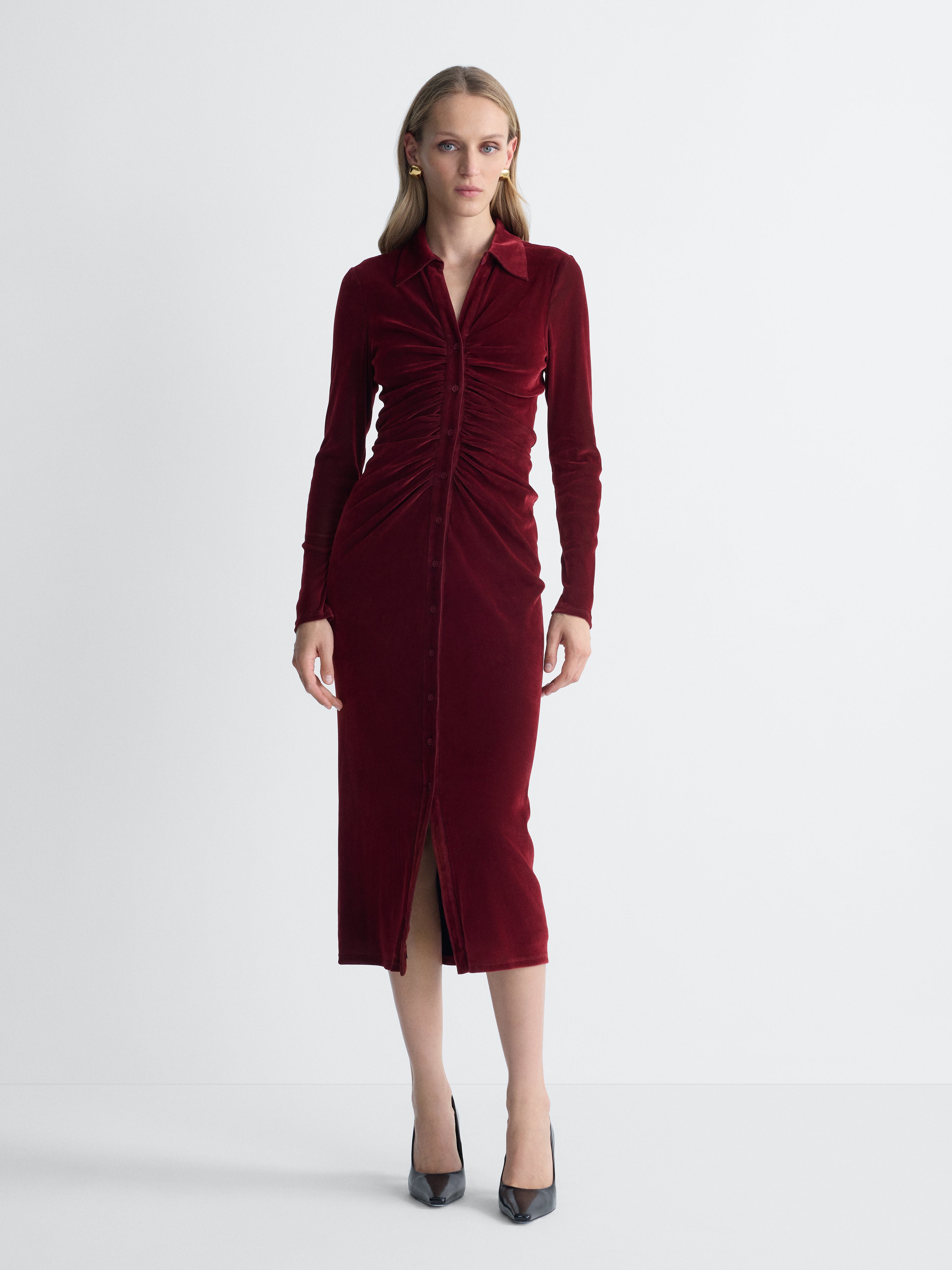 Sheska Velvet Dress in Brick, full length front view