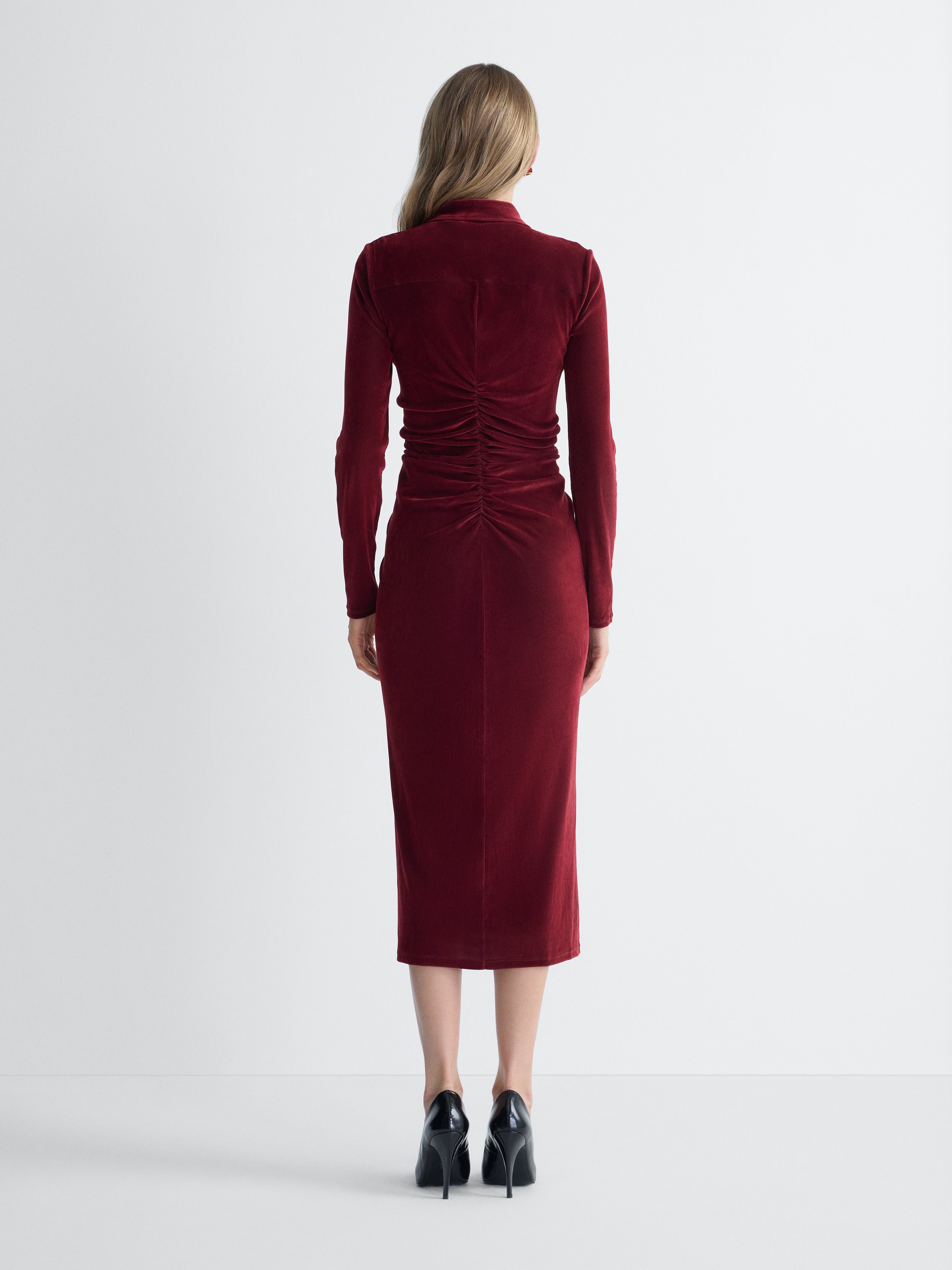 Sheska Velvet Dress in Brick, back view