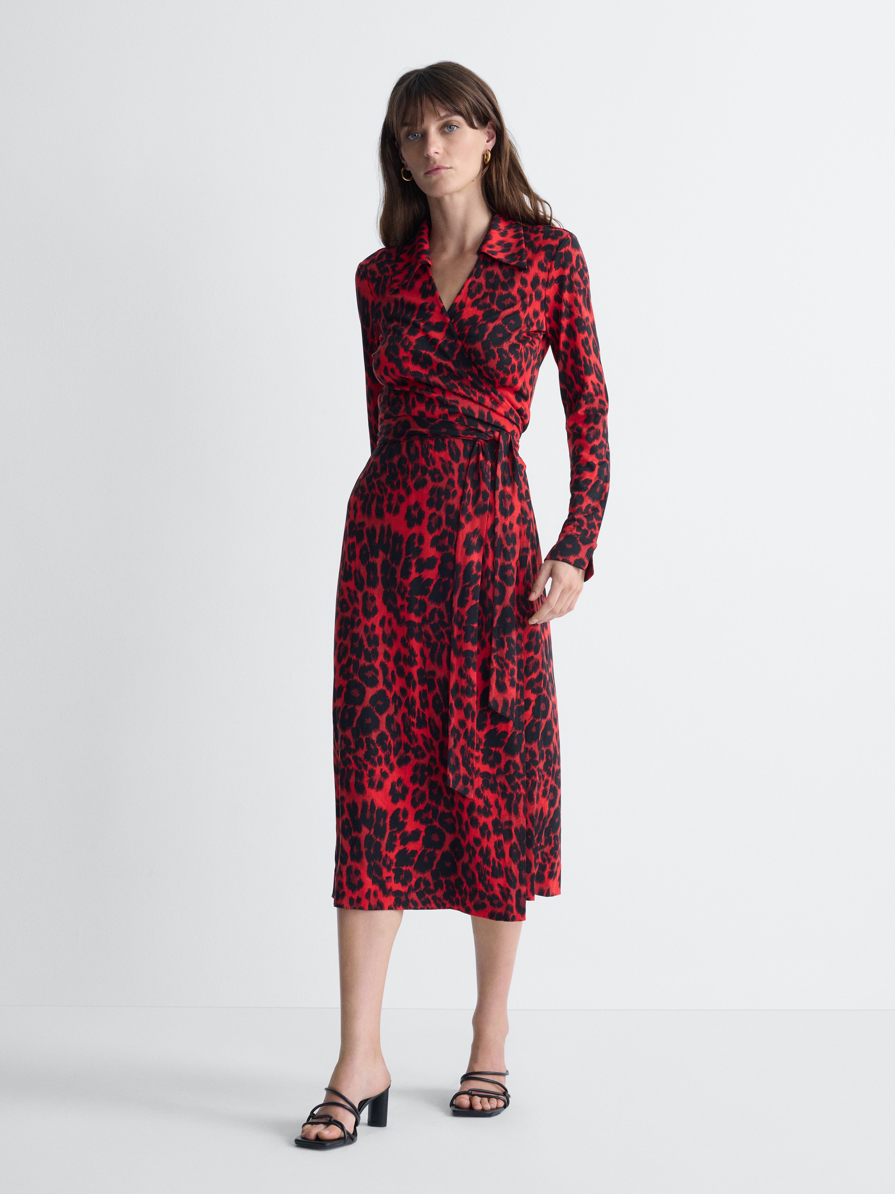 Abigail Silk Jersey Midi Wrap Dress in Red Snow Cheetah, full length front view