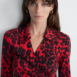 Abigail Silk Jersey Midi Wrap Dress in Red Snow Cheetah, close-up