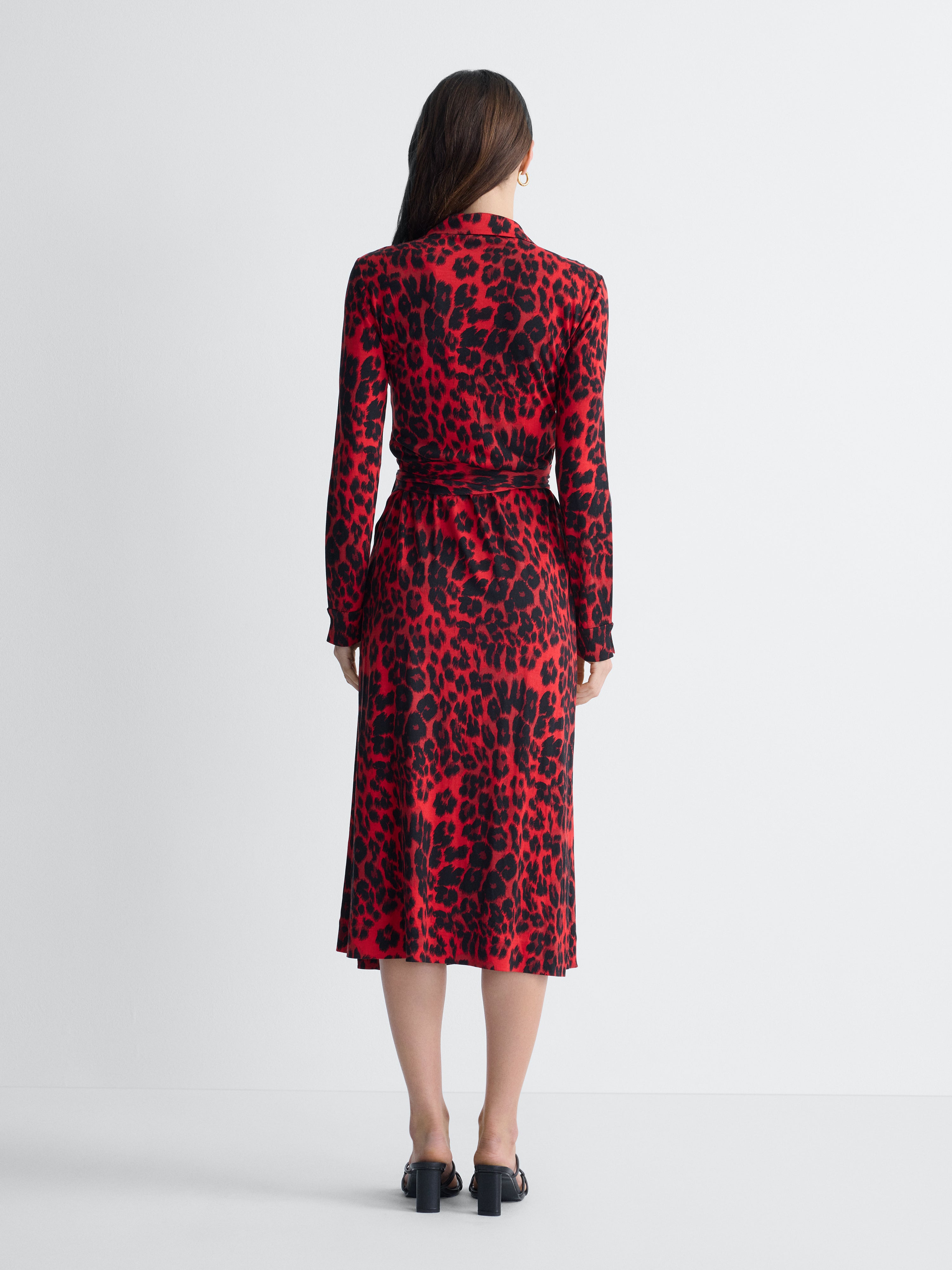 Abigail Silk Jersey Midi Wrap Dress in Red Snow Cheetah, back view