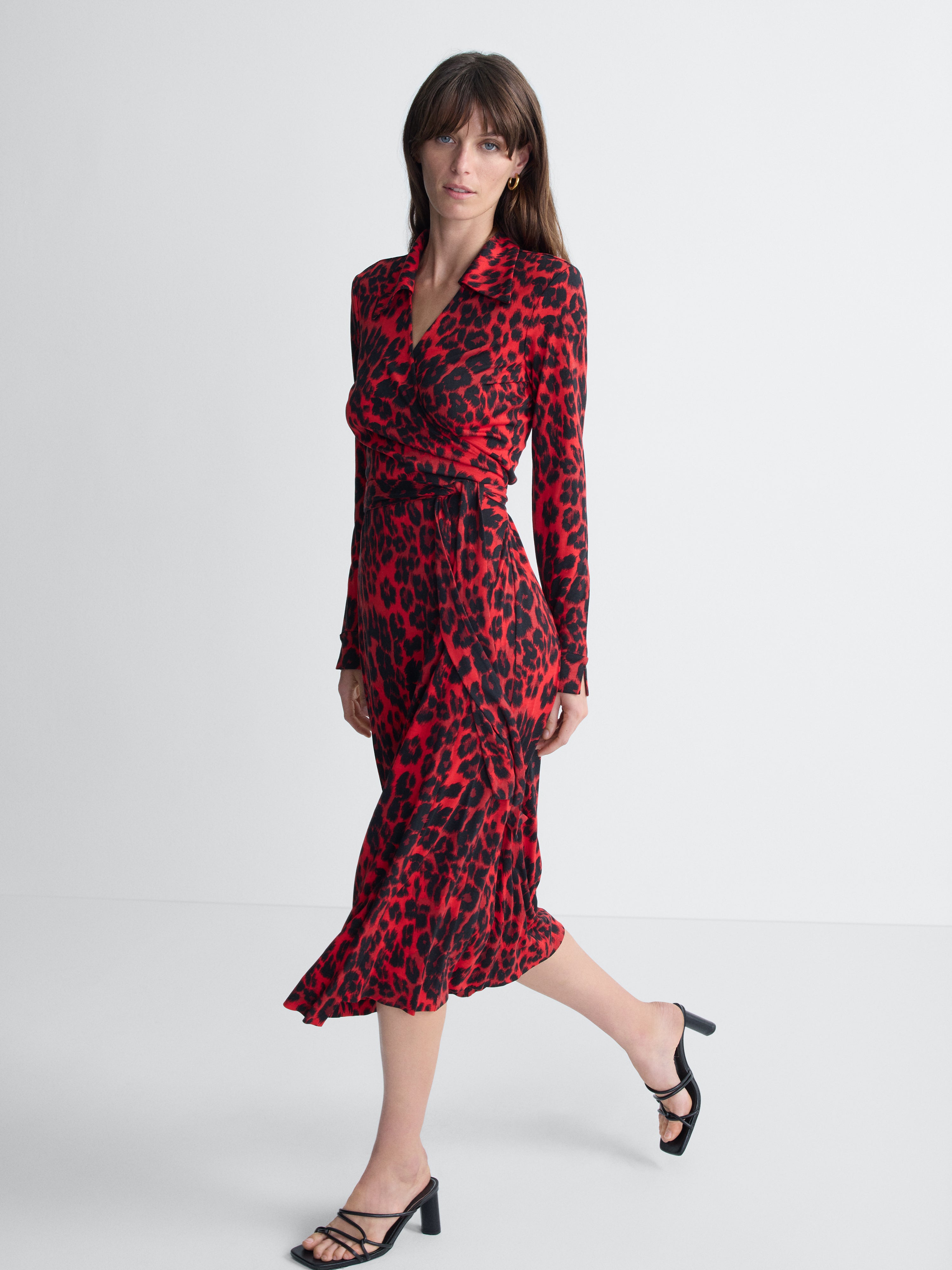 Abigail Silk Jersey Midi Wrap Dress in Red Snow Cheetah, alternate pose