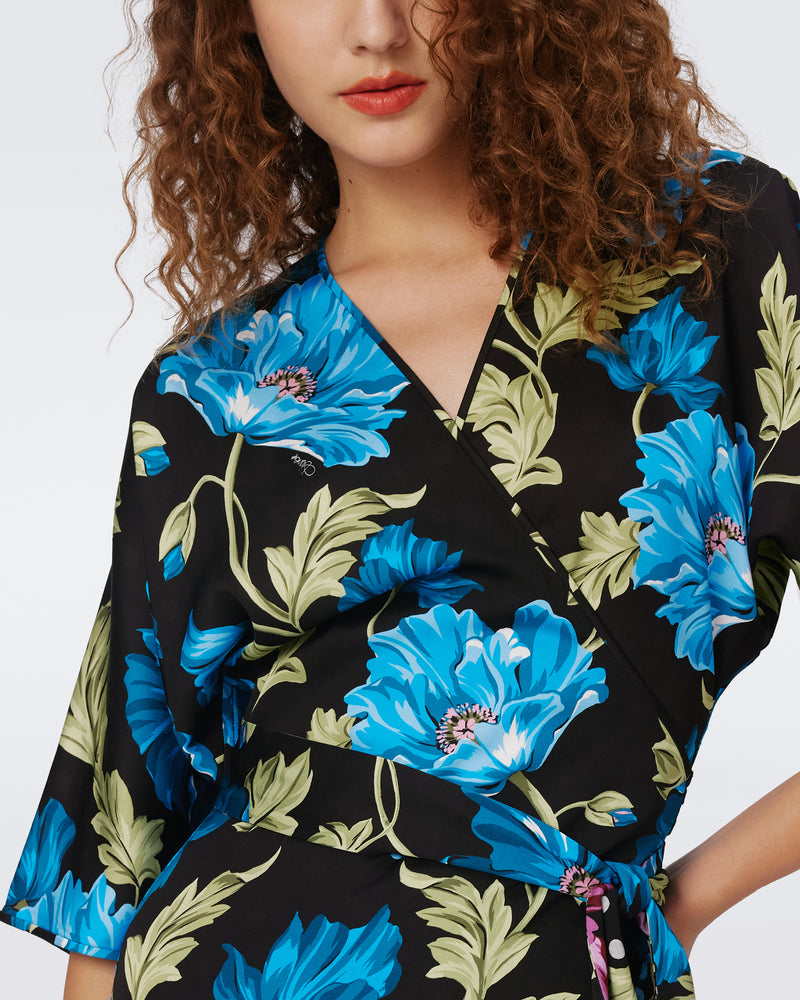 Diane Von Furstenberg Rosalina Reversible Wrap Dress L Hendrix Floral Pink Dot and Teal