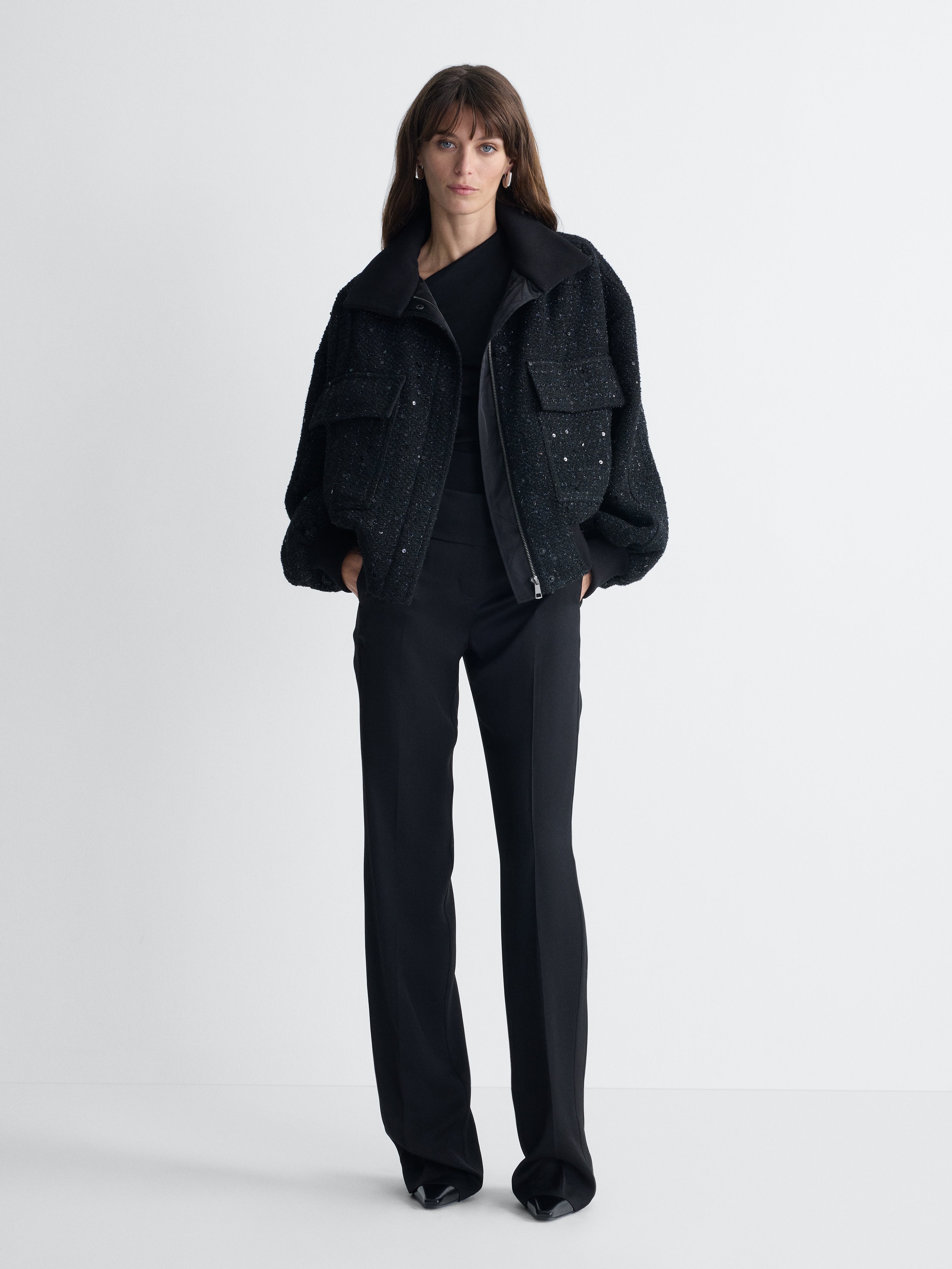 Shay Tweed Jacket in Black, full length front view