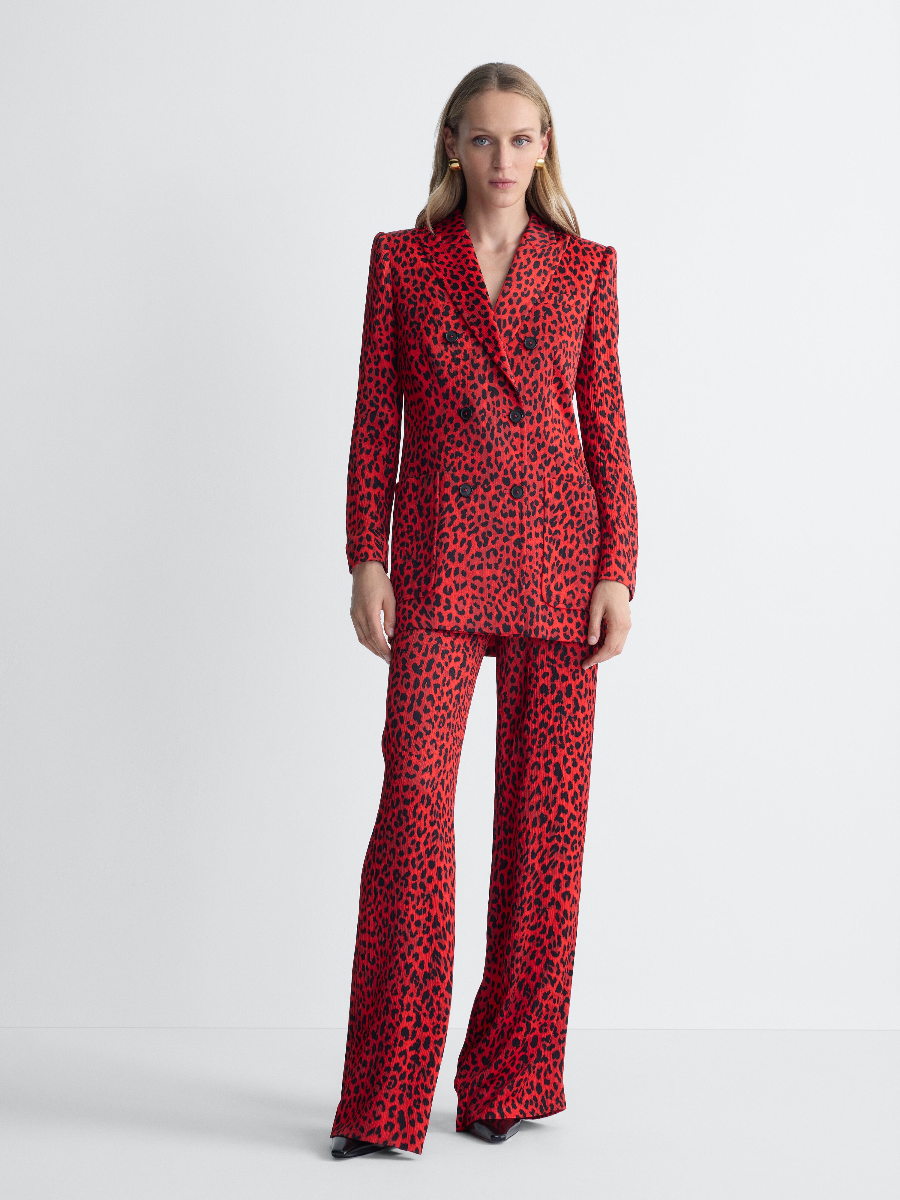Parson Crinkle Satin Blazer in Huntress Red, full length front view