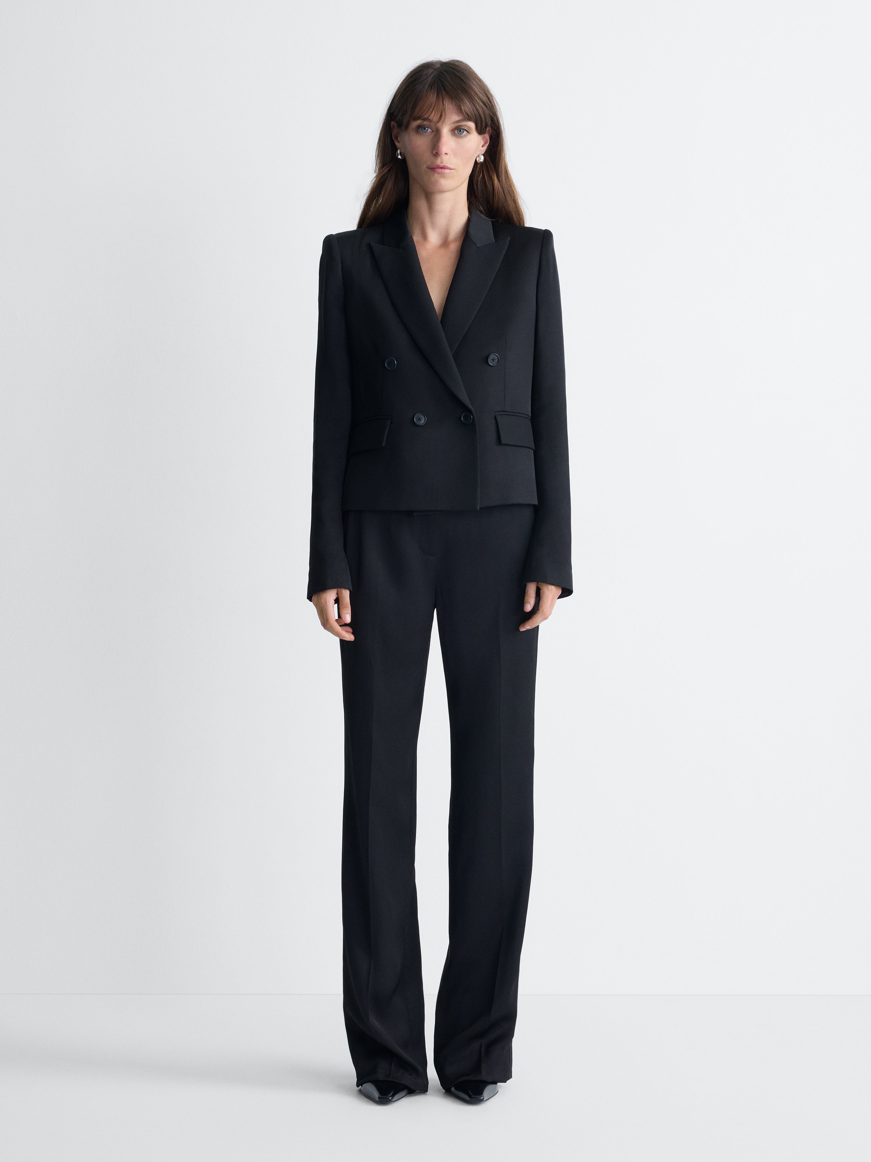 Marina Satin Jacket in Black, full length front view