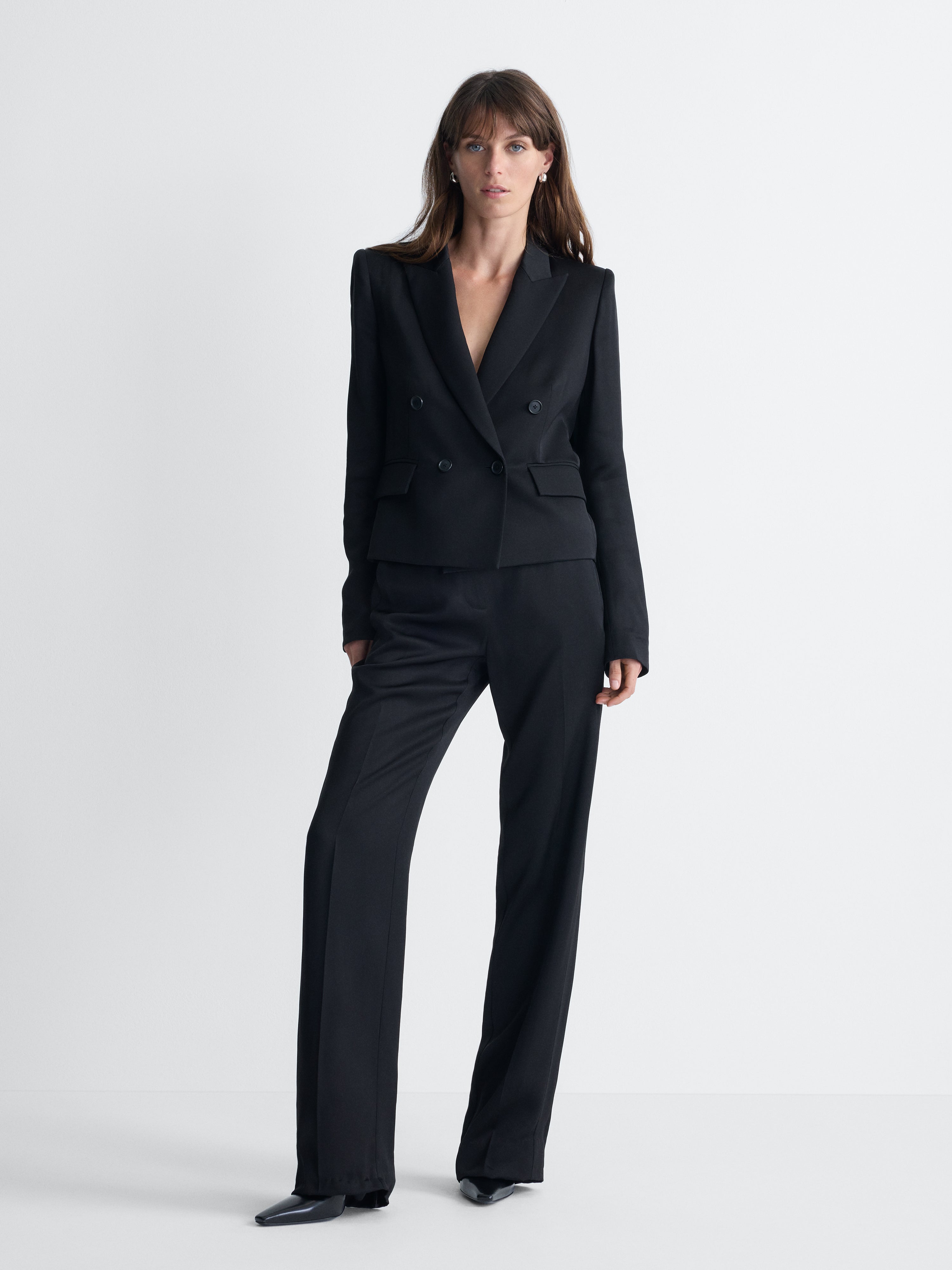 Maddie Satin Pant in Black, full length front view