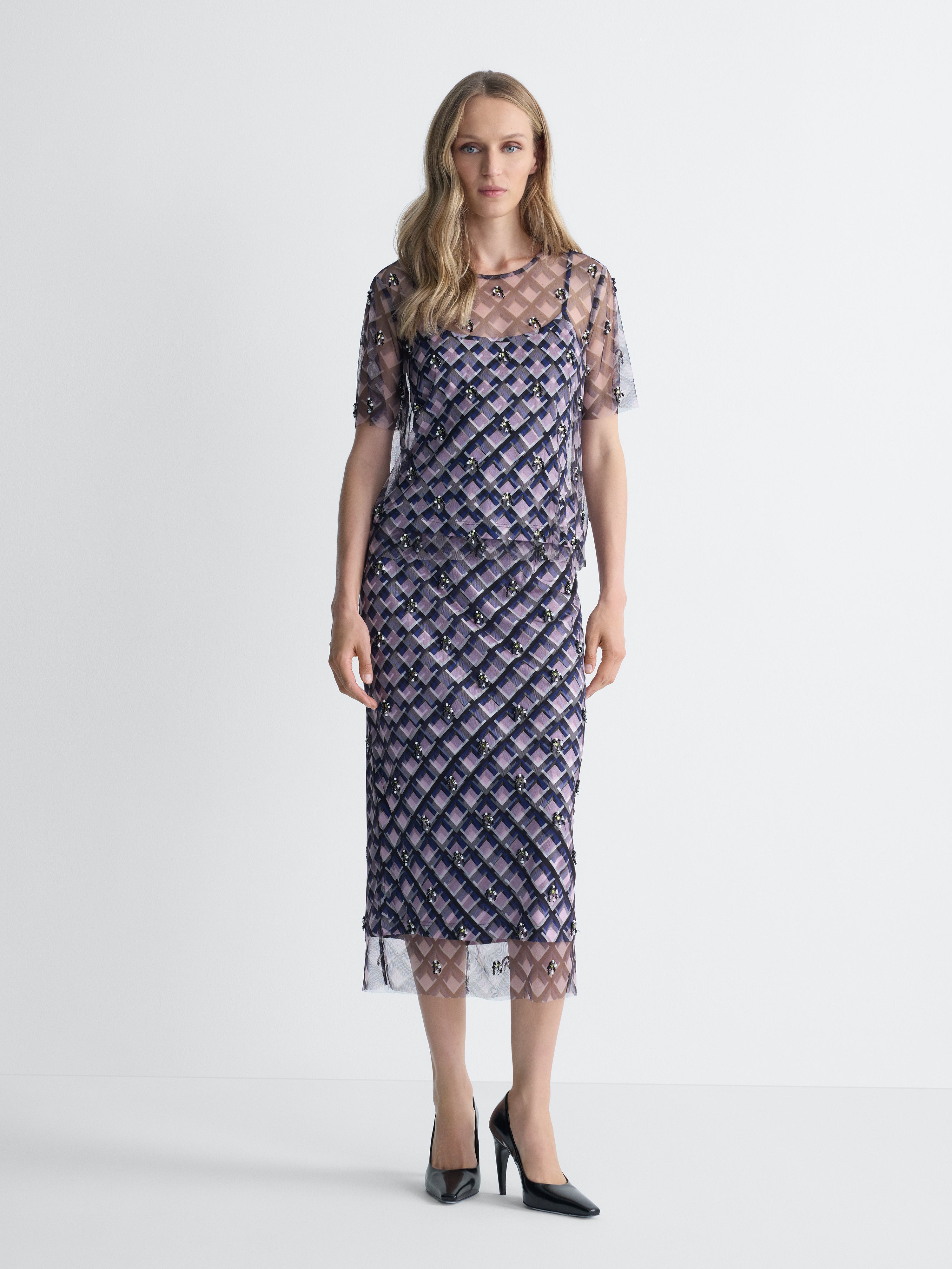 Gramercy Tulle Skirt in Window Pane, full length front view