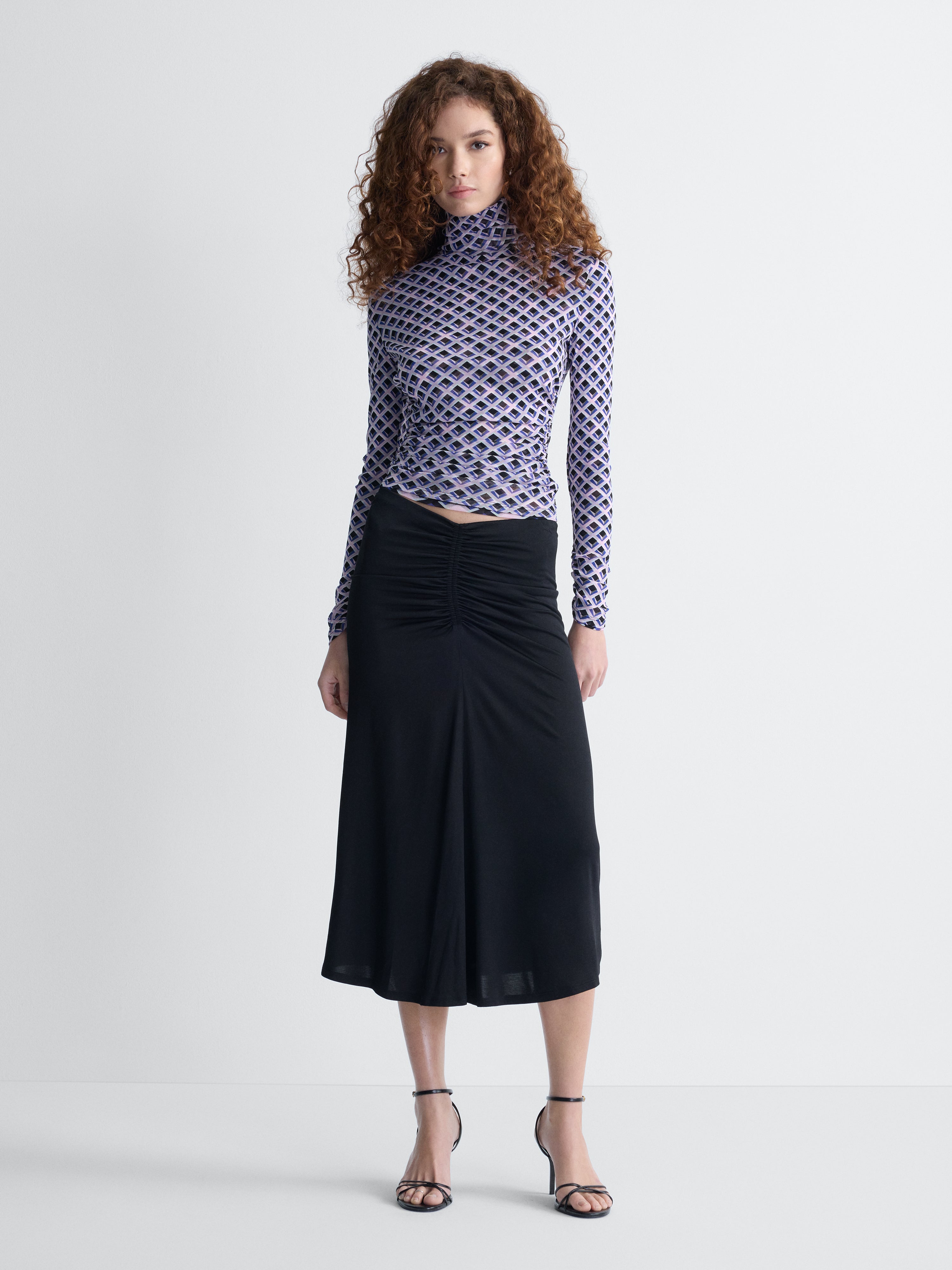 Logan Reversible Mesh Turtleneck in Window Pane, full length front view