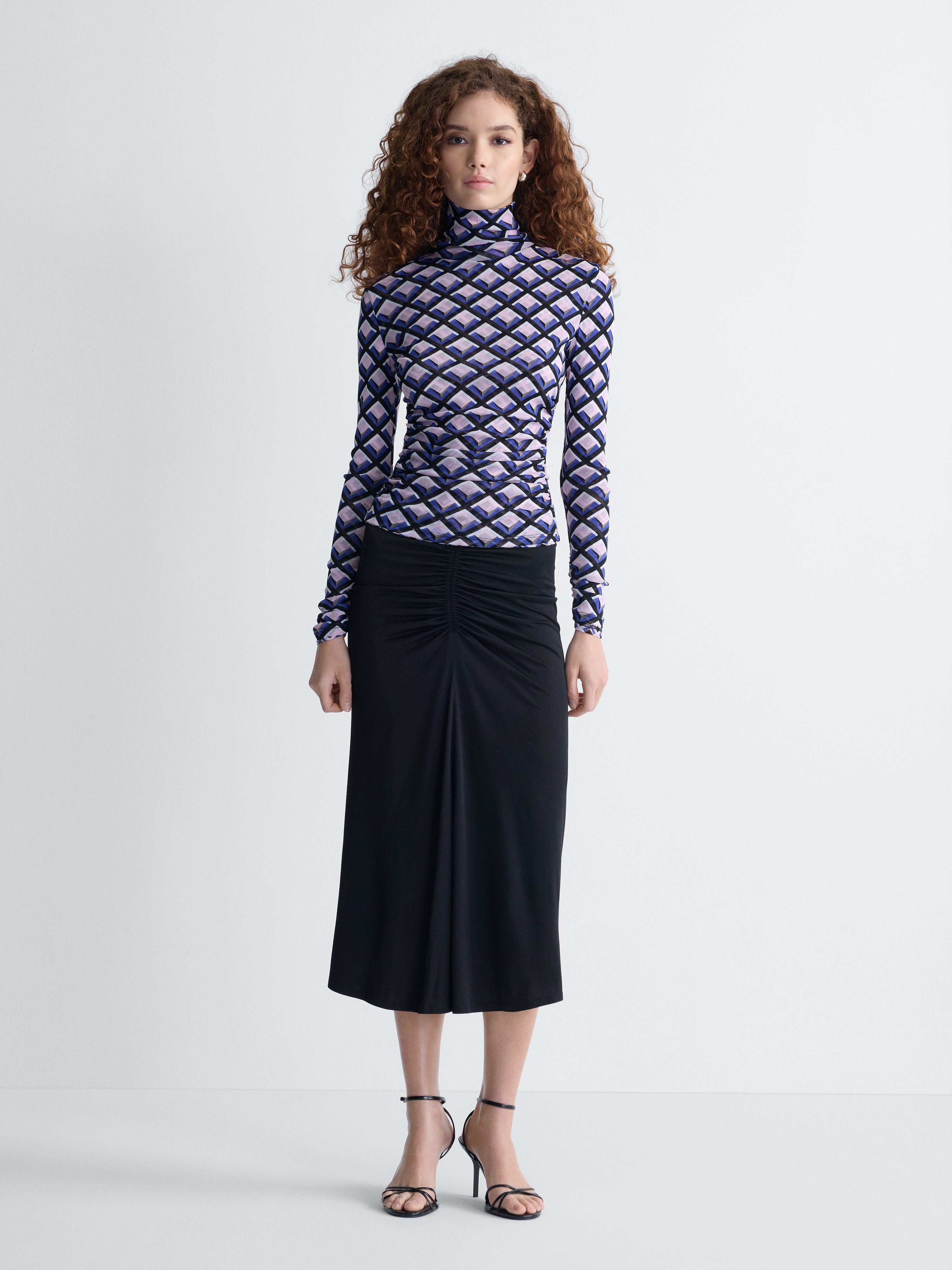 Logan Reversible Mesh Turtleneck in Window Pane, reverse side, full length front view