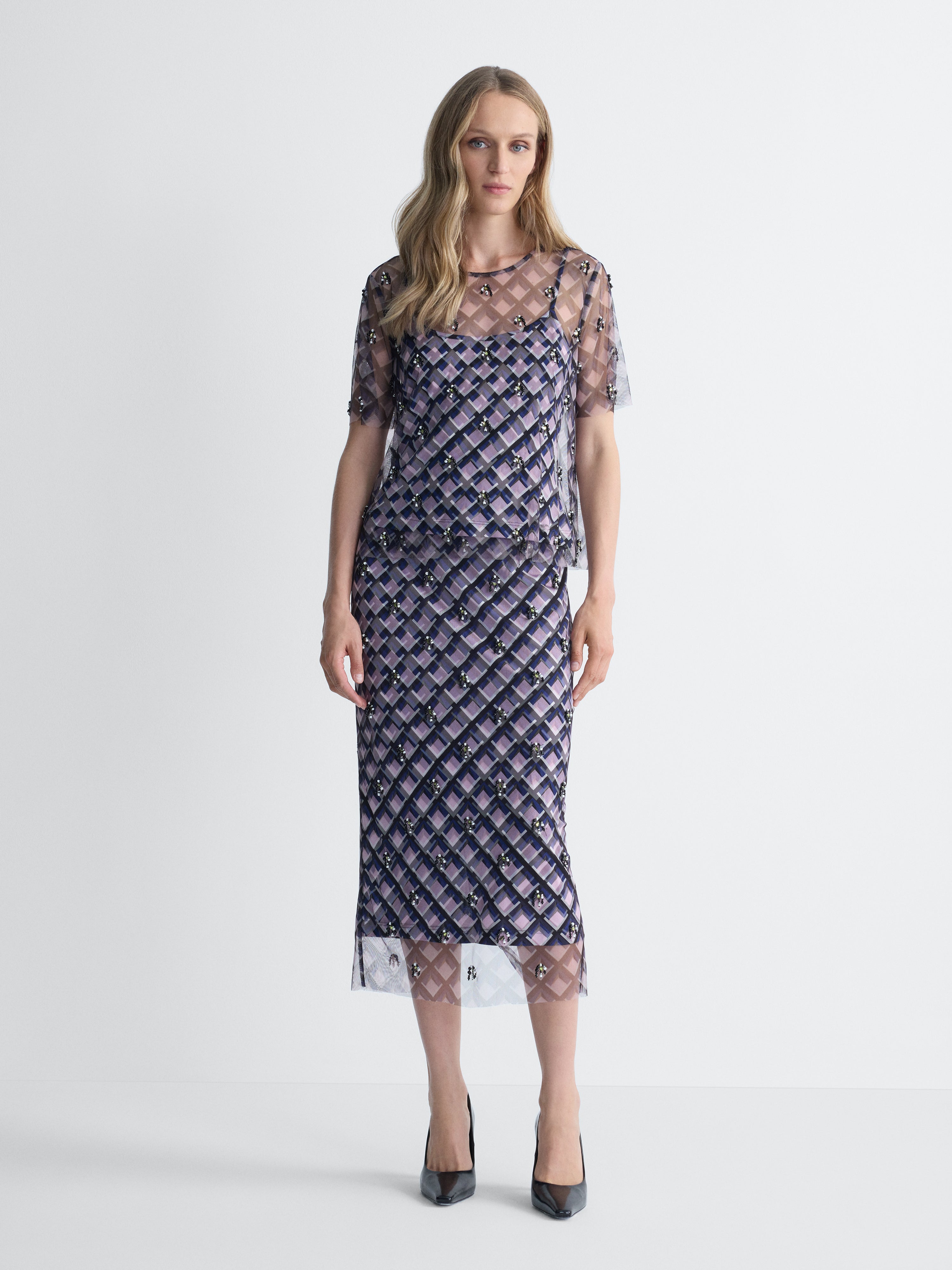 Florine Tulle Shirt in Window Pane, full length front view